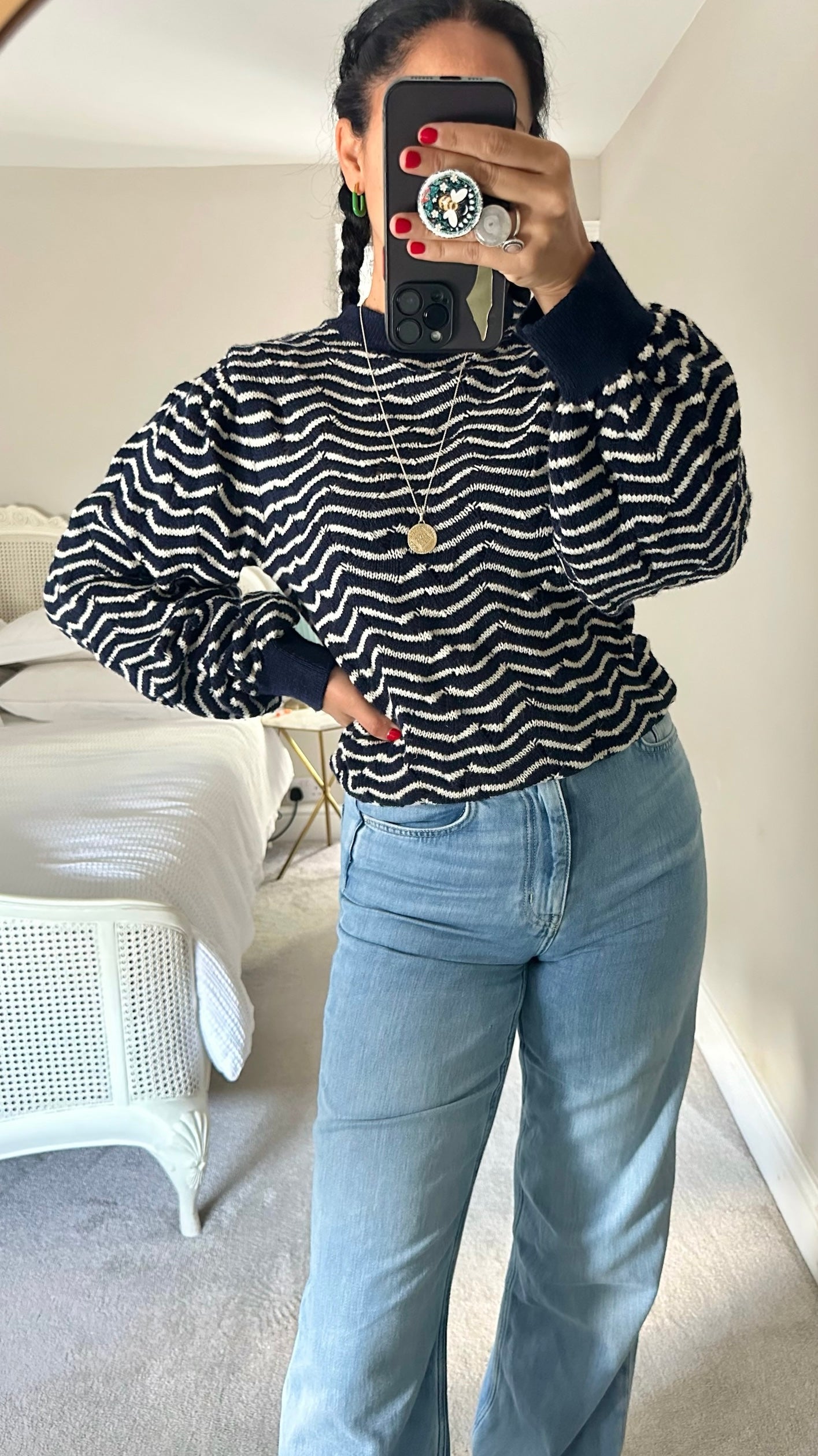 Second female navy blue white wave print stripe knitted jumper pure wool large UK 12 vgc w25