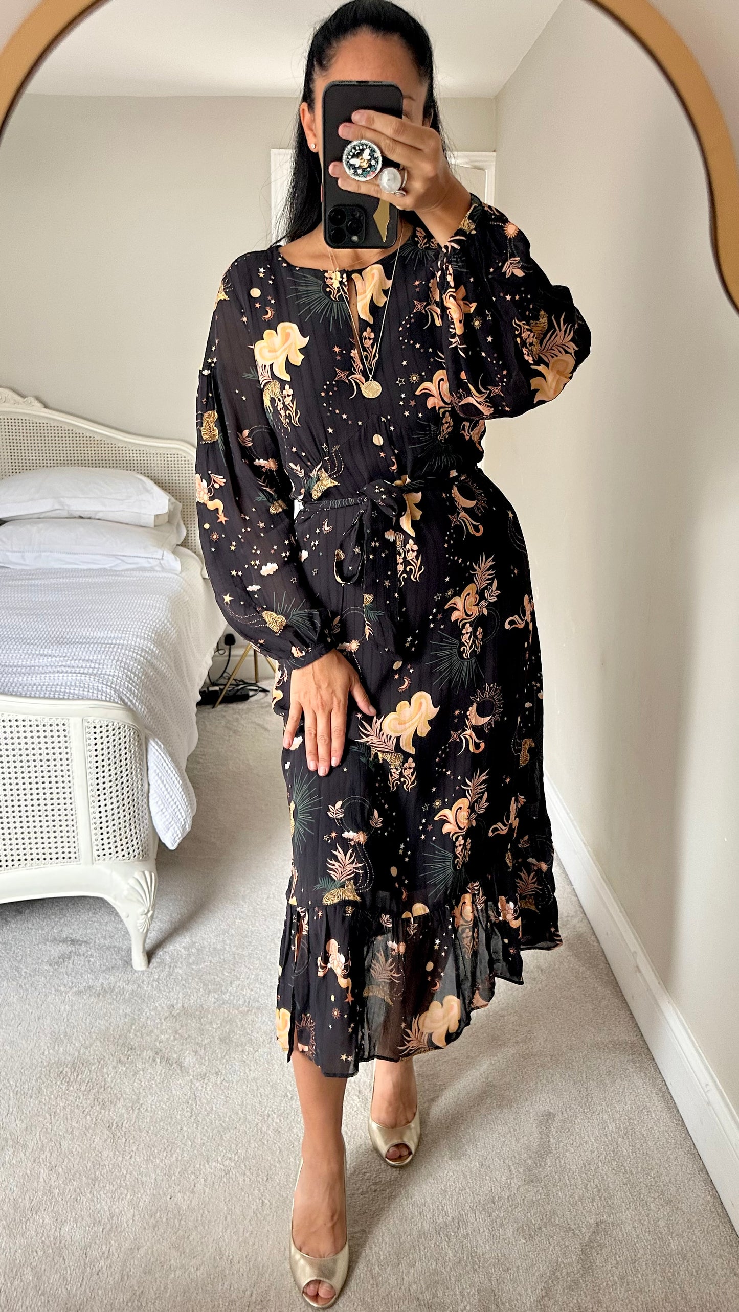Oliver Bonas black orange tiger animal print midi long event dress small UK 8-10 vgc w25