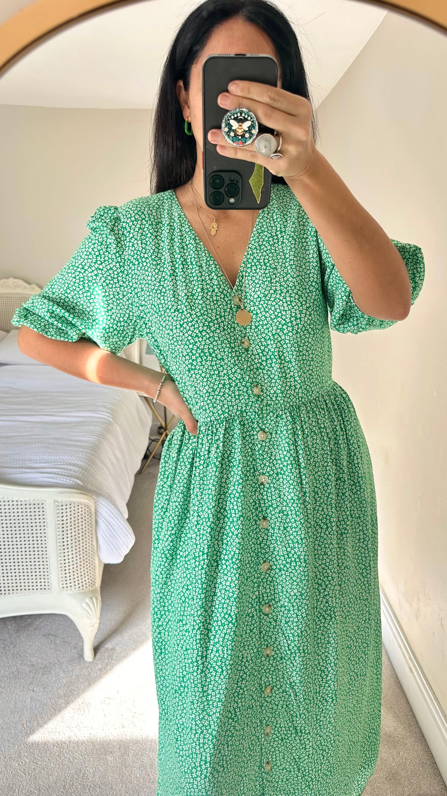 Feather & Bone green white daisy print dress extra large button up dress extra large UK 14 vgc