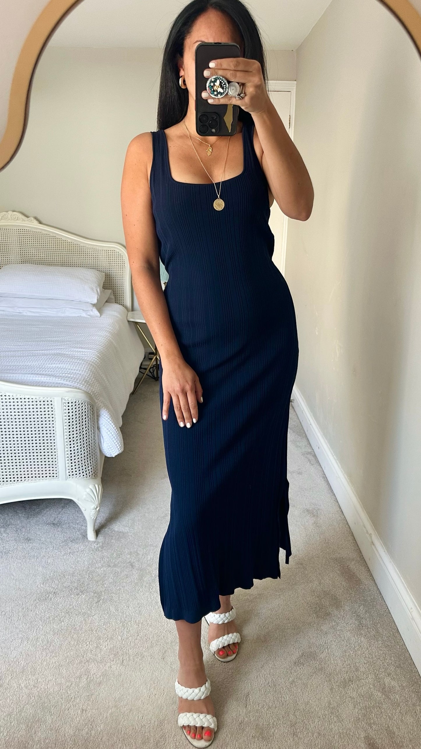 Oliver Bonas navy blue ribbed tie belt midi dress small UK 8-10 vgc