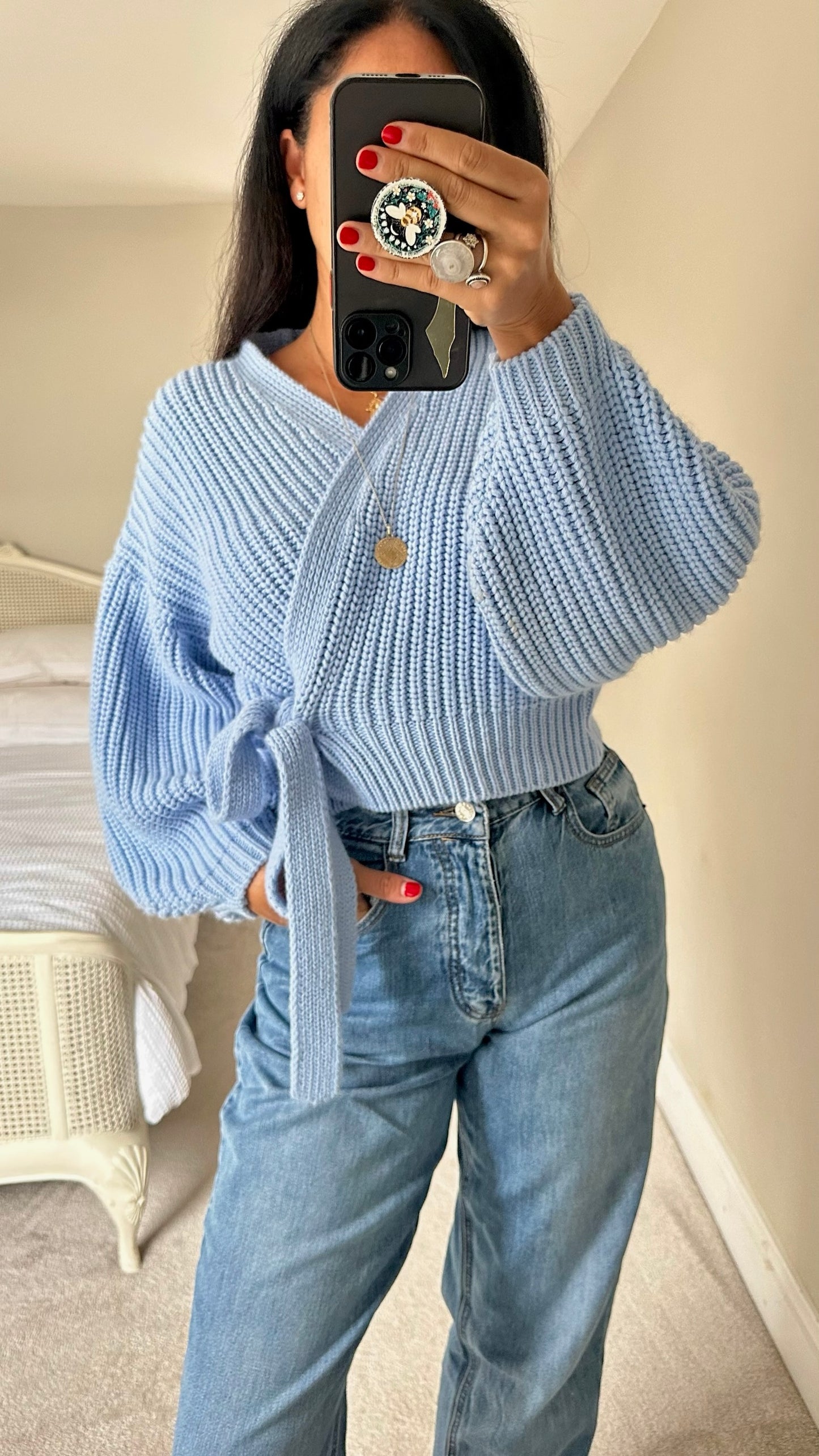 Nasty gal light blue knitted wrap cardigan jumper medium UK 10 vgc w25