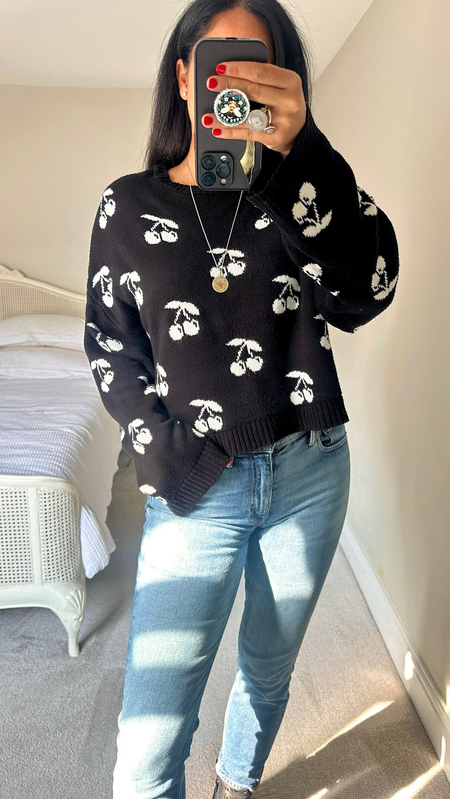 Asos black white cherry print knitted jumper medium UK 10-12 vgc w25