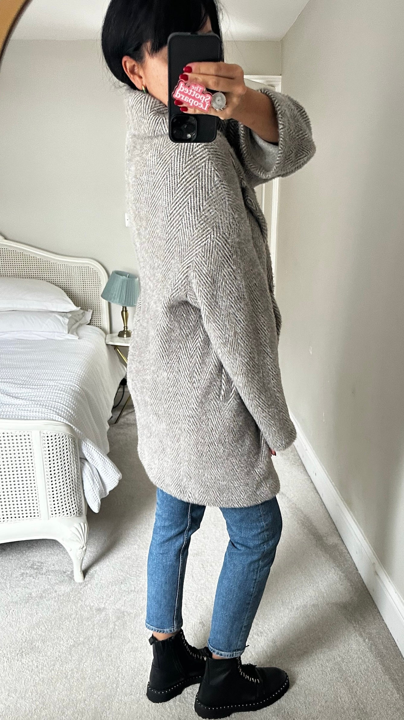 Nicole Farhi grey white herringbone wool blend coatigan coat jacket extra large UK 14 vgc