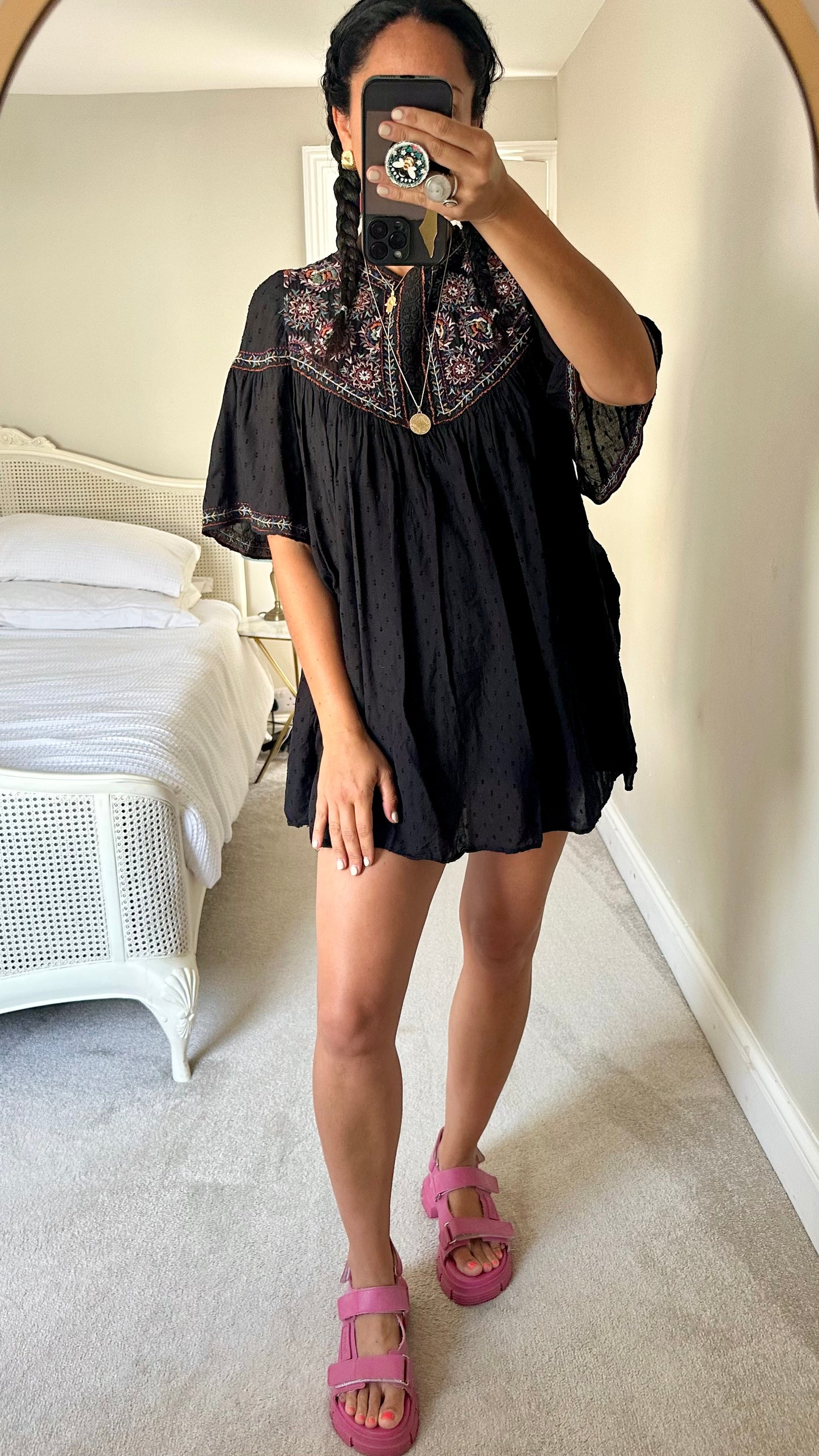 Zara black cotton playsuit shorts romper large UK 12 boho festival