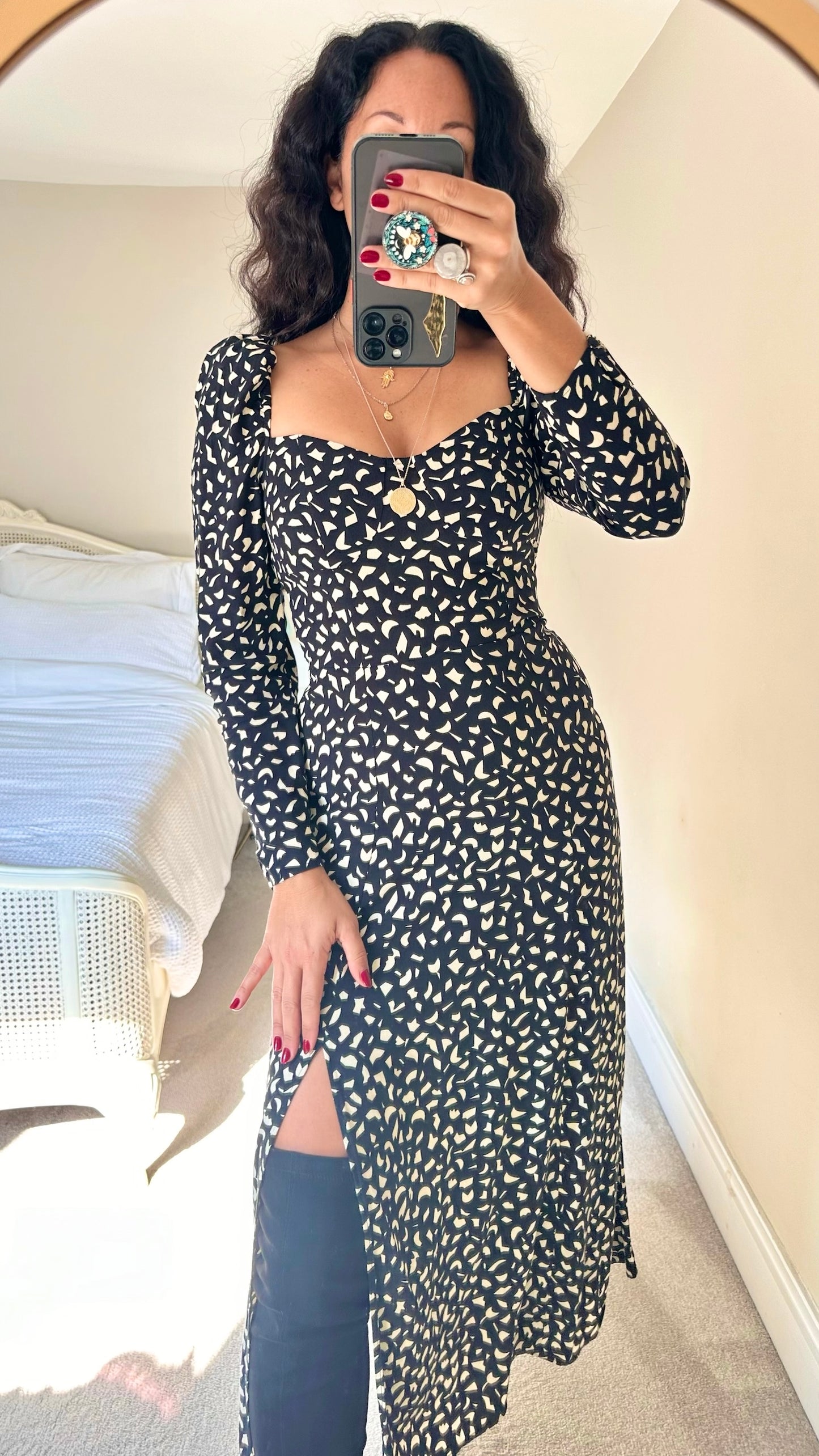 & Other stories black and cream abstract side split long sleeve midi dress extra large UK 14-16