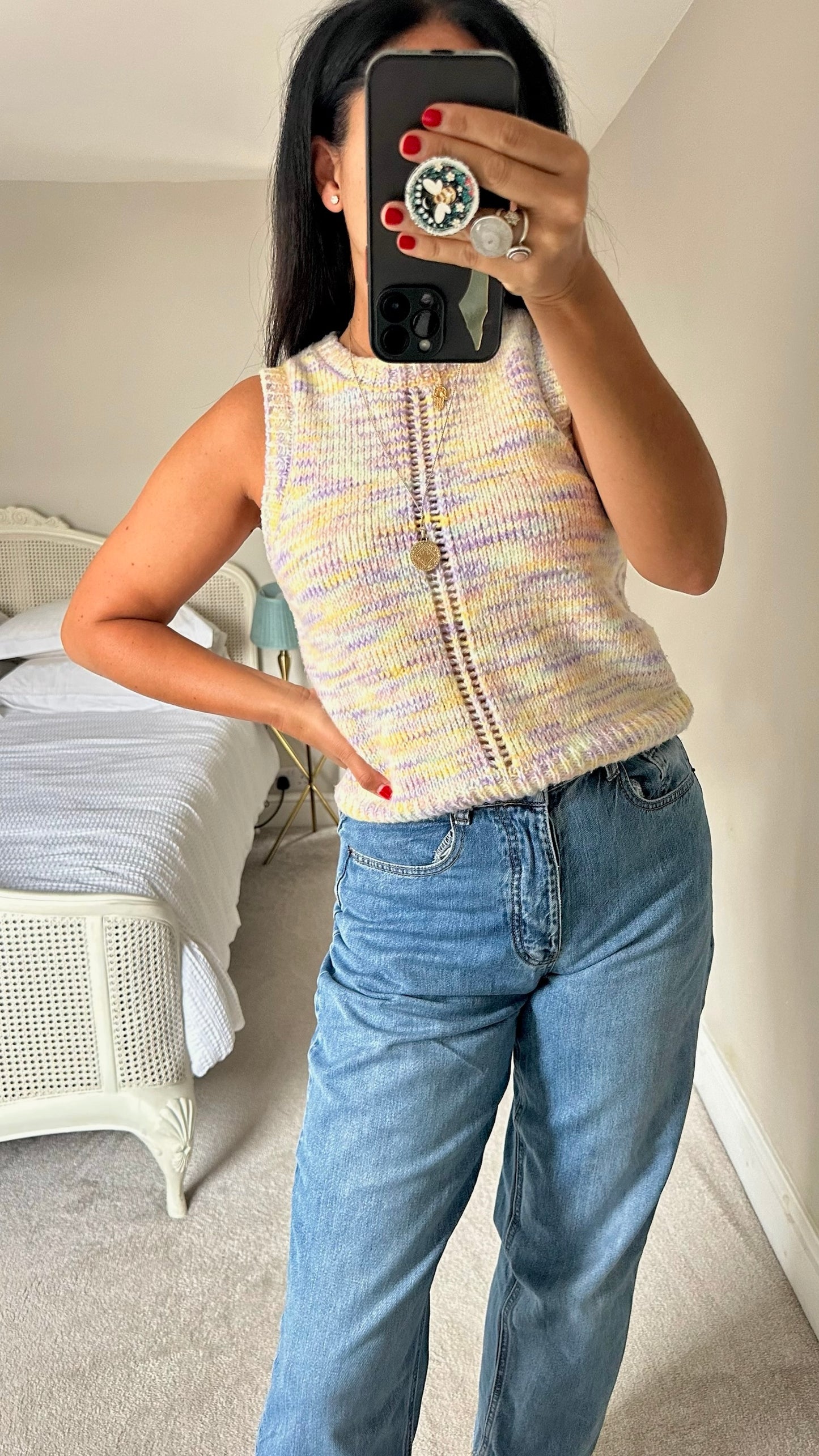 Oliver bonas lilac yellow pink purple multi colour knitted waistcoat medium UK 10 vgc w25
