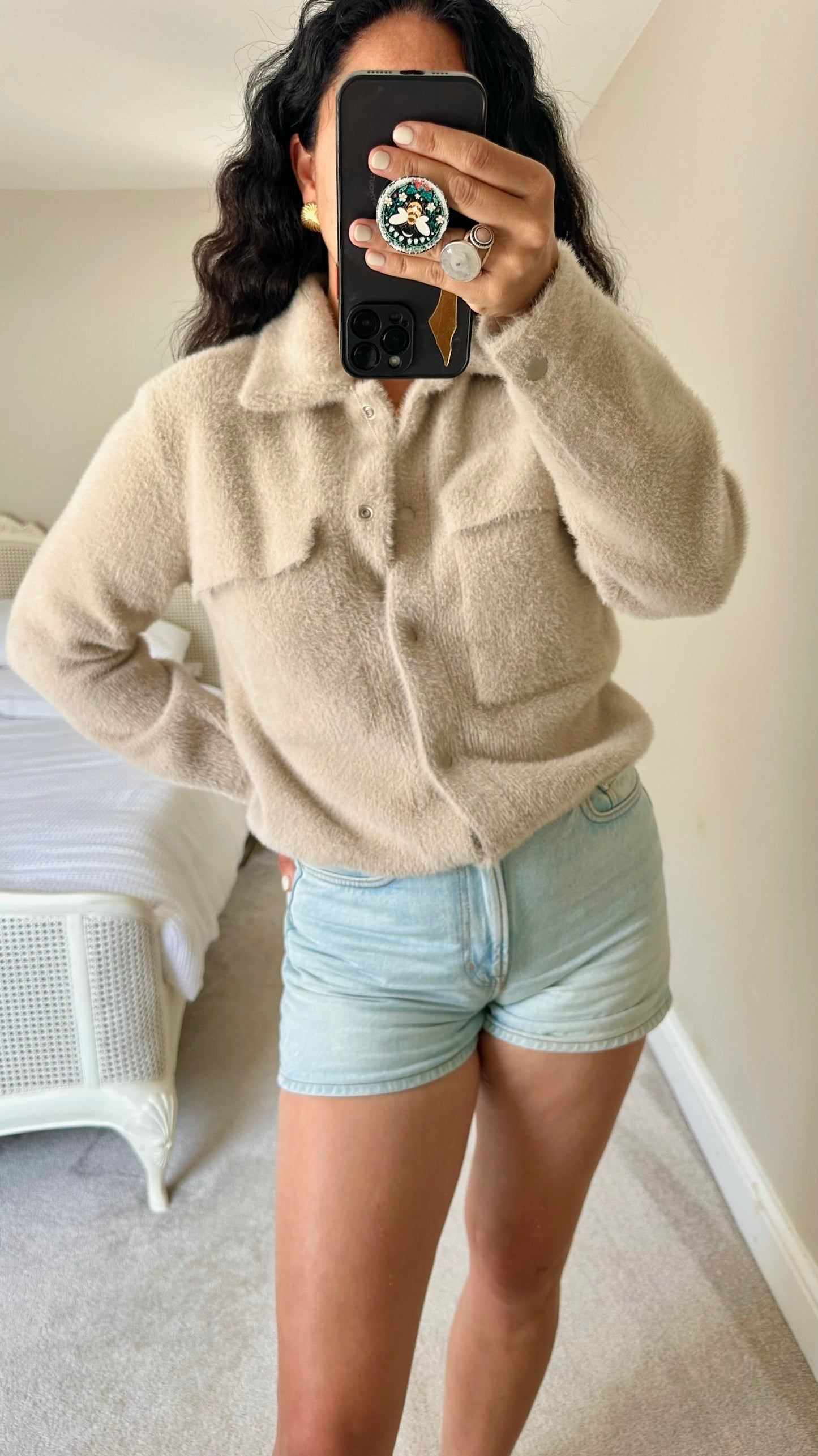 Yaya women stone beige fluffy button up shacket small medium SM UK 8-10