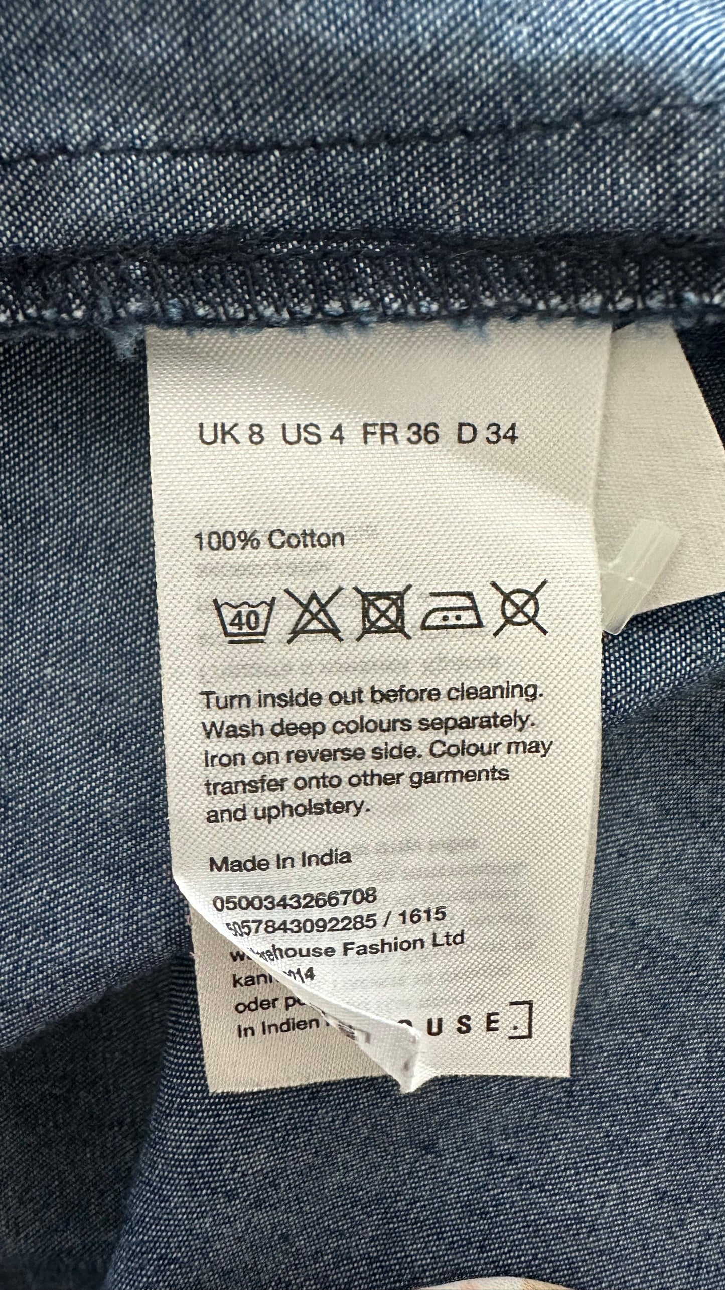 Warehouse denim jeans blue button up midi dress small UK 8 vgc