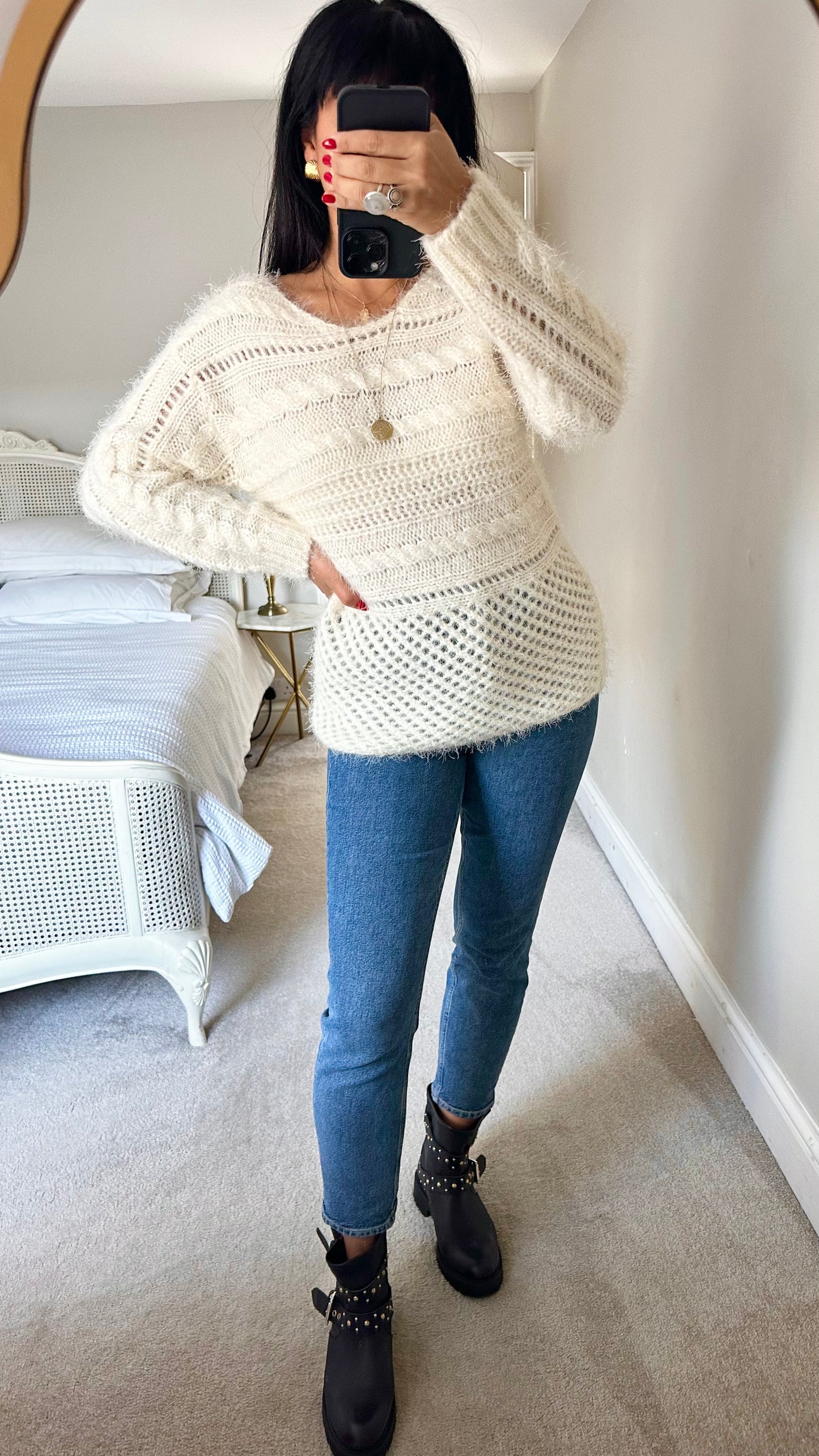 Olive white cream fluffy crotchet style longline jumper medium M UK 10 excellent used condition