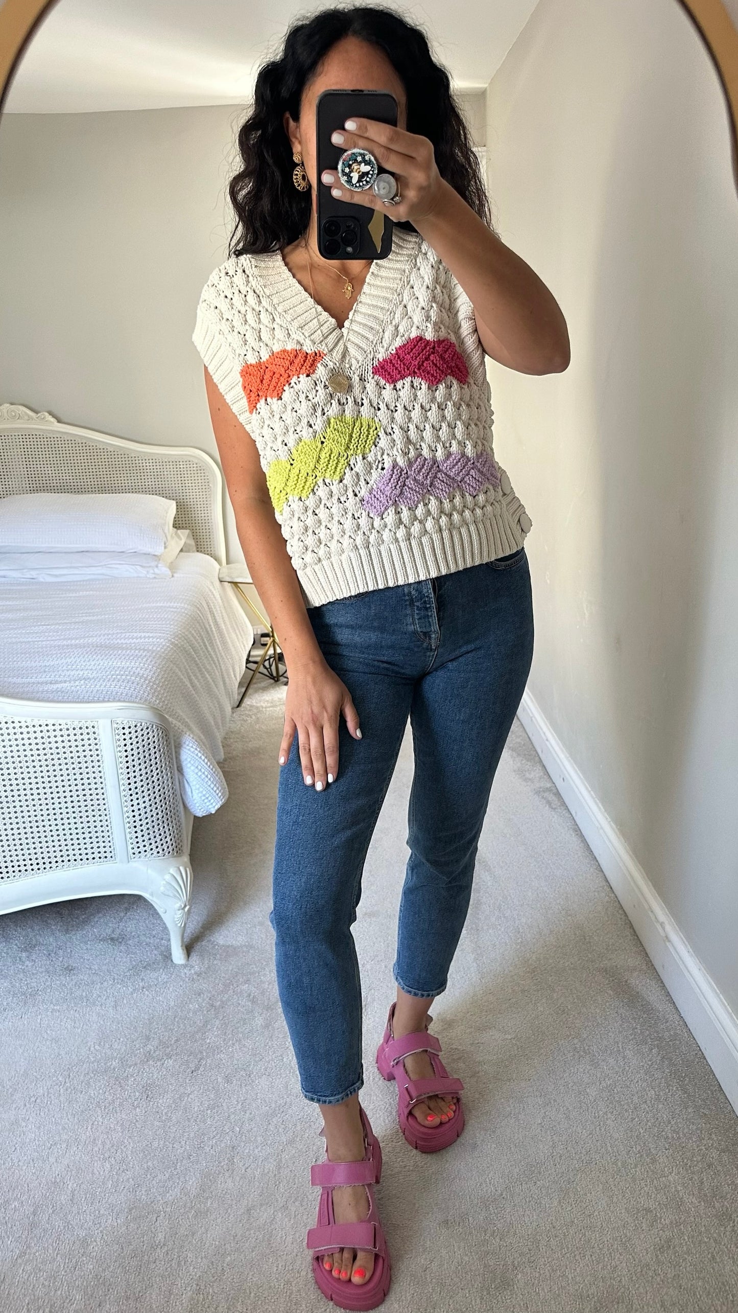 Zara cream multicolour block crochet waistcoat small S UK 10 vgc