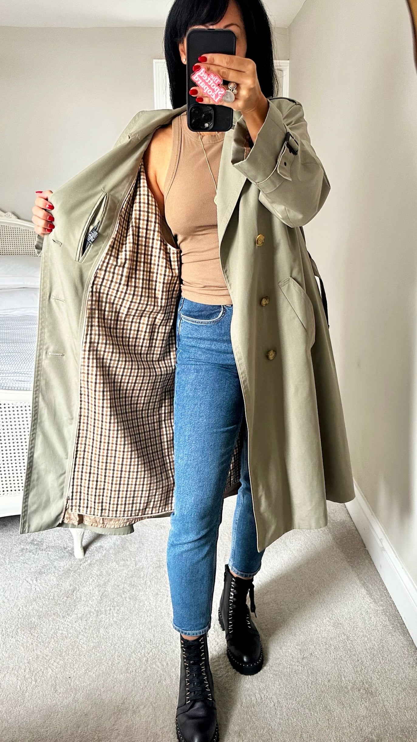 Harrods vintage green gingham lined trench coat jacket extra large UK 14 vgc