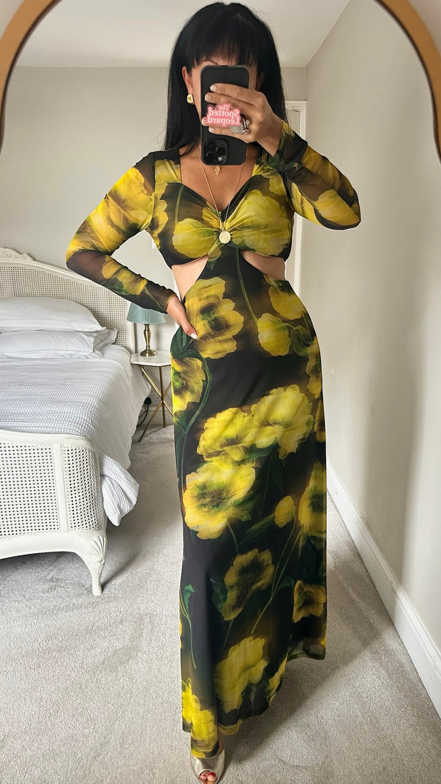 Topshop black acid yellow floral cut out maxi event dress small S UK 8-10 excellent used condition