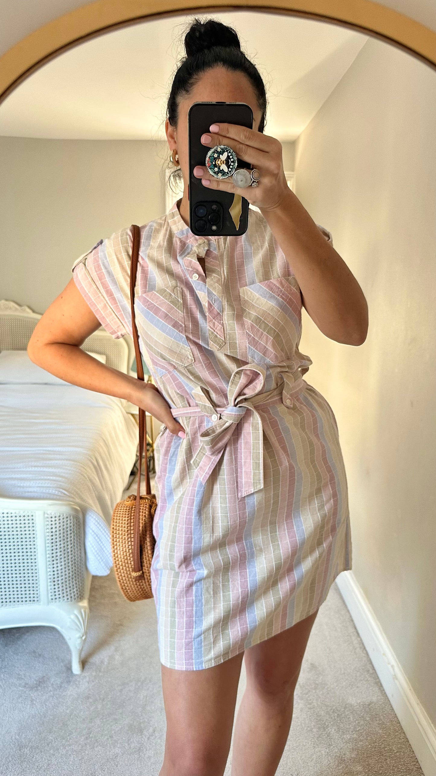 FRNCH pink blue gingham check cotton mini button up sun dress small UK 8-10 vgc