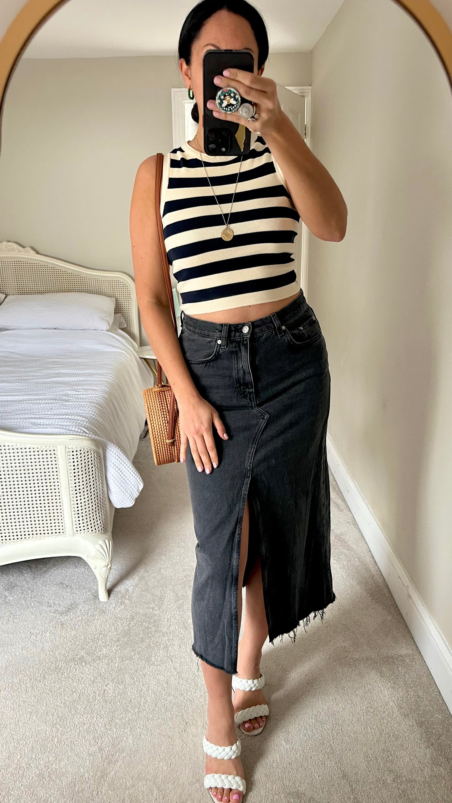 & other stories black denim longline front split skirt medium UK 10 vgc