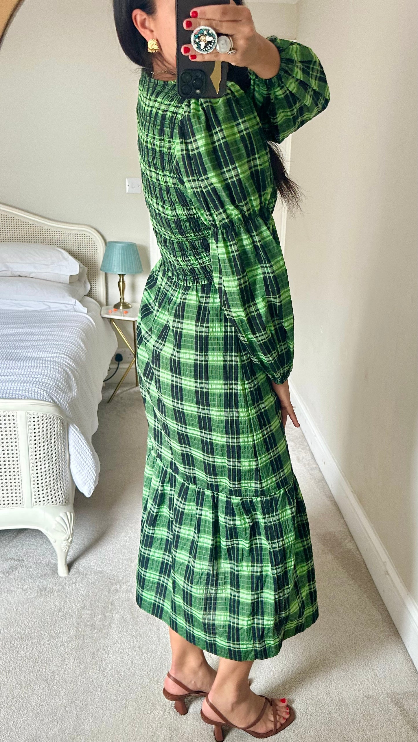 Ganni black lime green check gingham midi long dress medium UK 10 vgc event w25