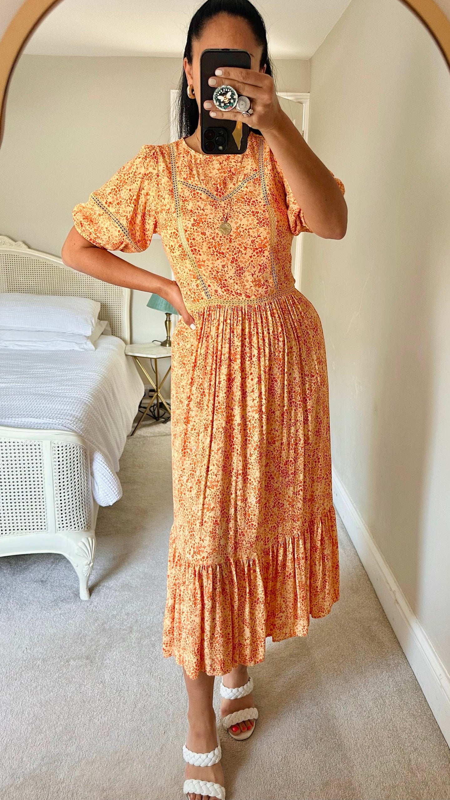 Oliver Bonas orange coral floral long midi dress small extra large UK 8 14 vgc