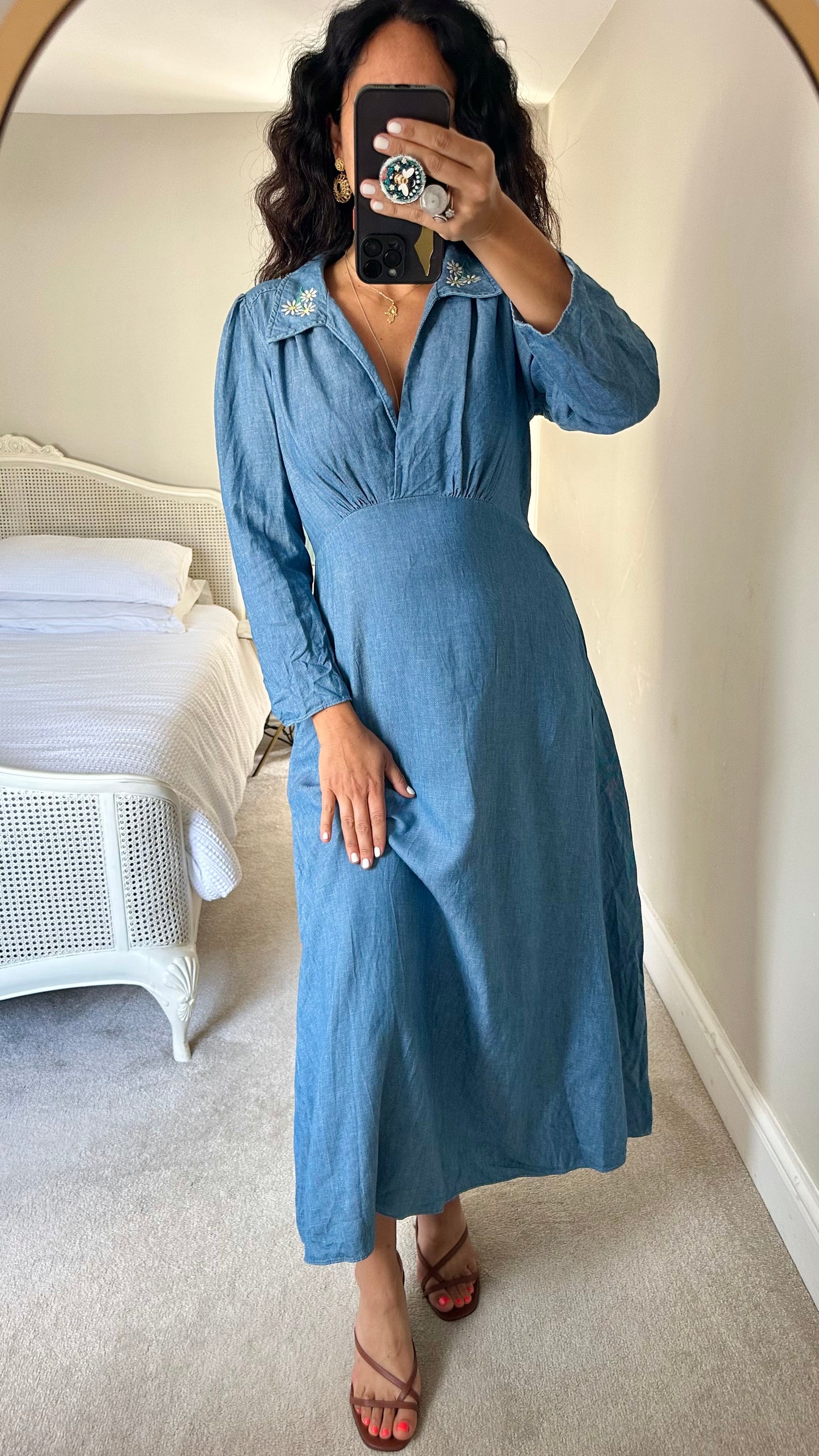 RIXO light blue denim long daisy print midi maxi dress medium UK 10 vgc