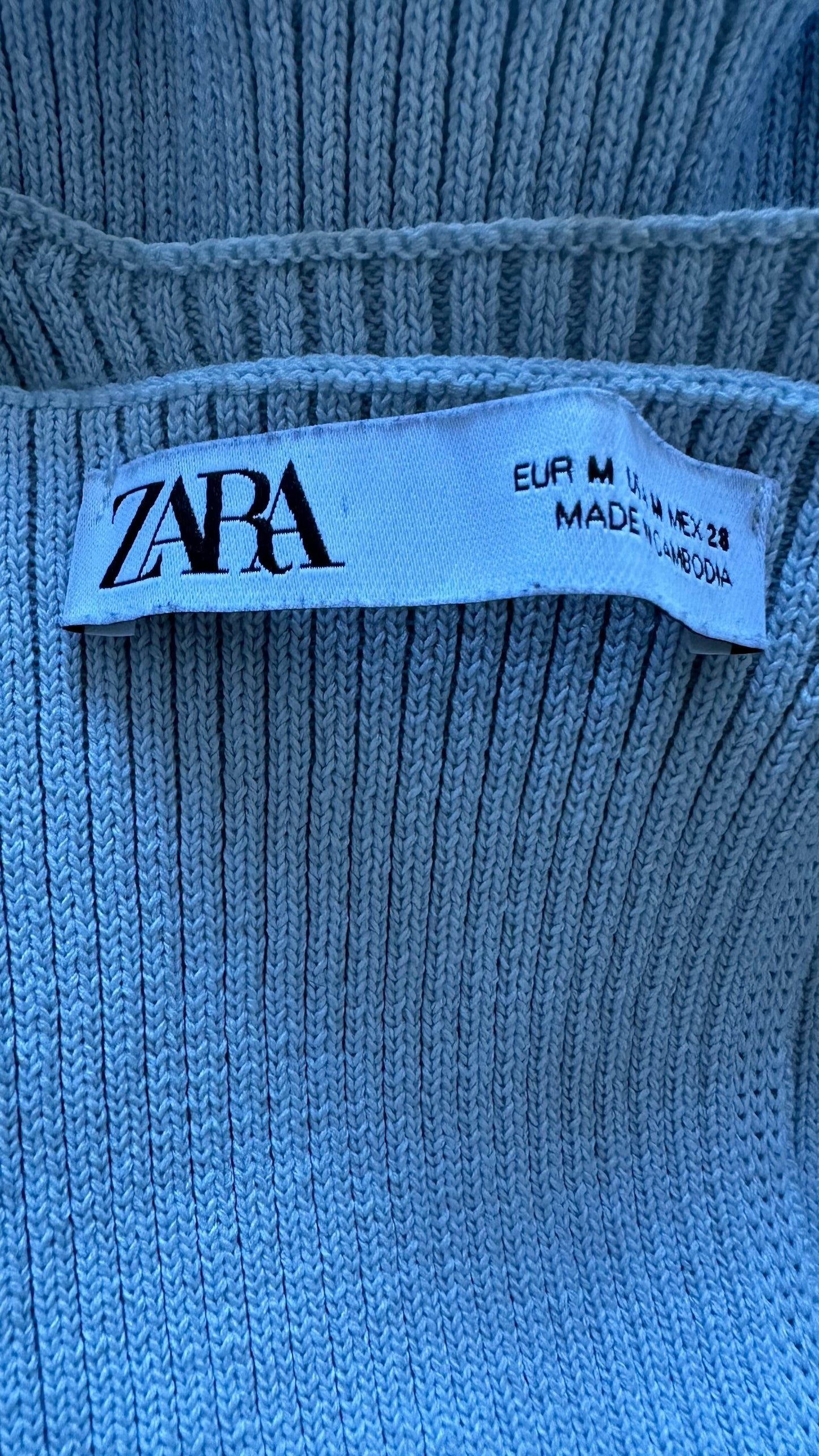 Zara blue ribbed knit top medium M UK 10 vgc