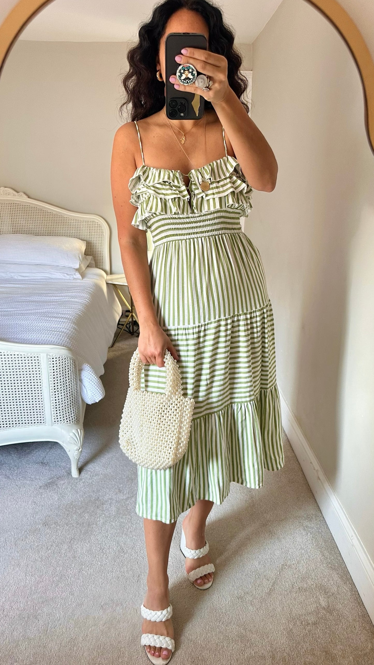 Zara green white stripe frill bust midi sundress holiday Medium large ML UK 10-12 perfect used condition