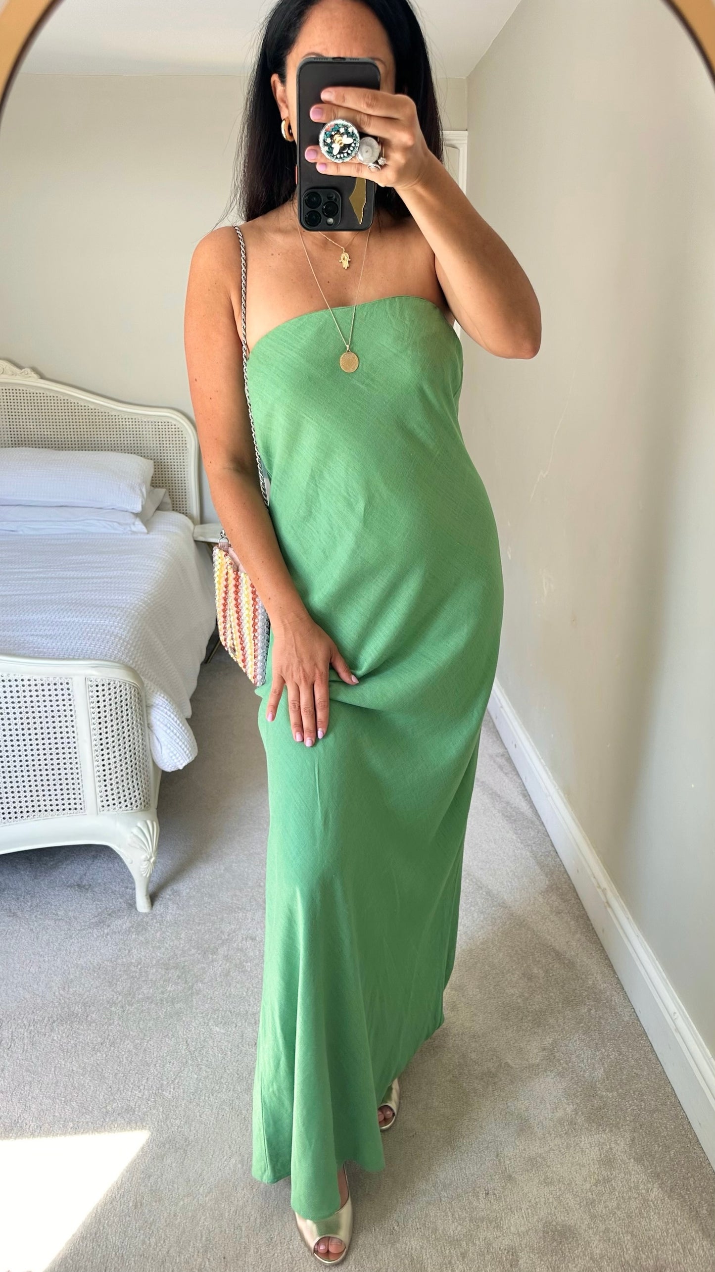 Anthropologie light green linen blend bandeau strapless maxi dress holiday event large L UK 12-14 BNWT
