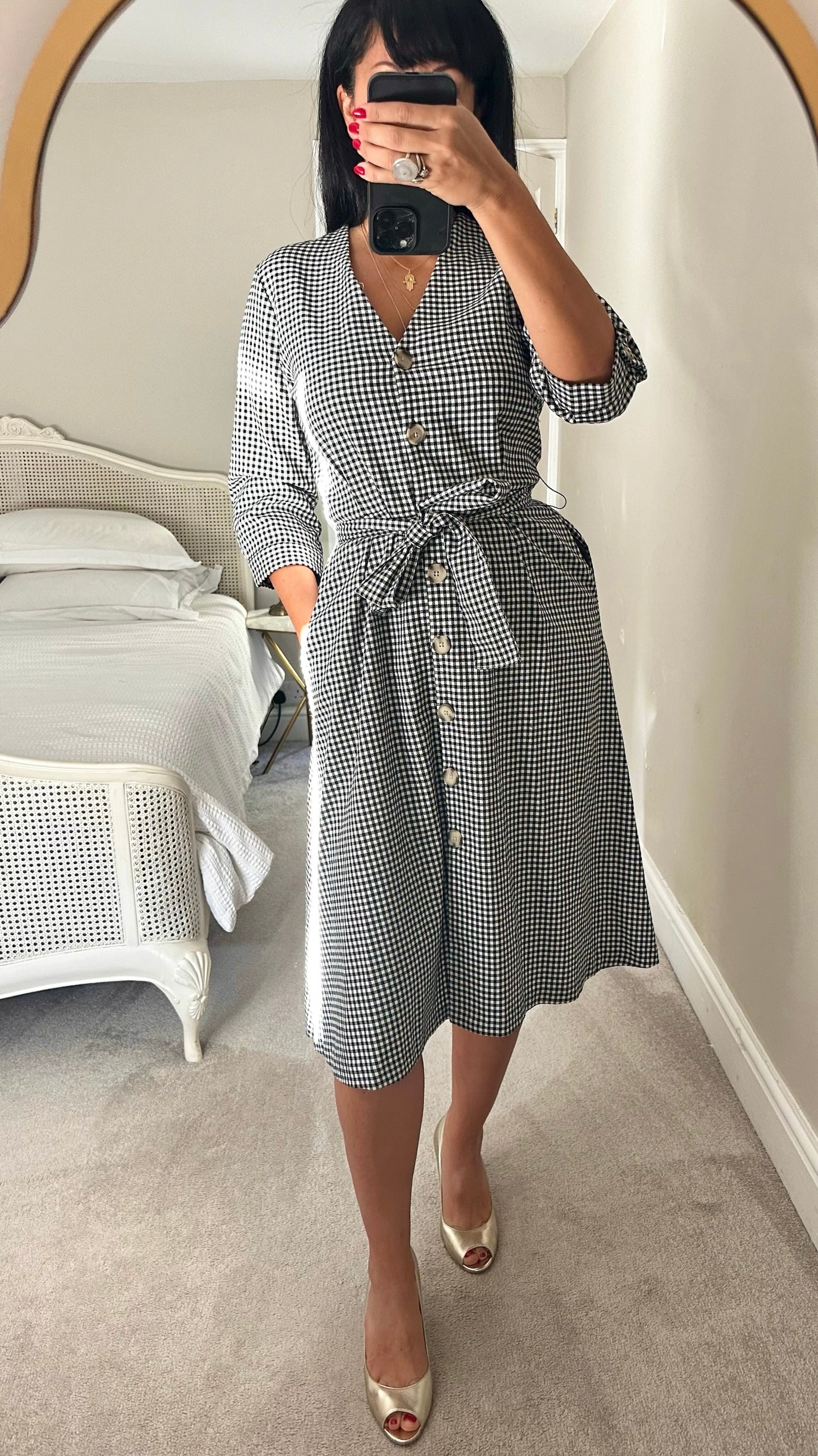 Mango black white gingham check button up shift dress UK 10 vgc