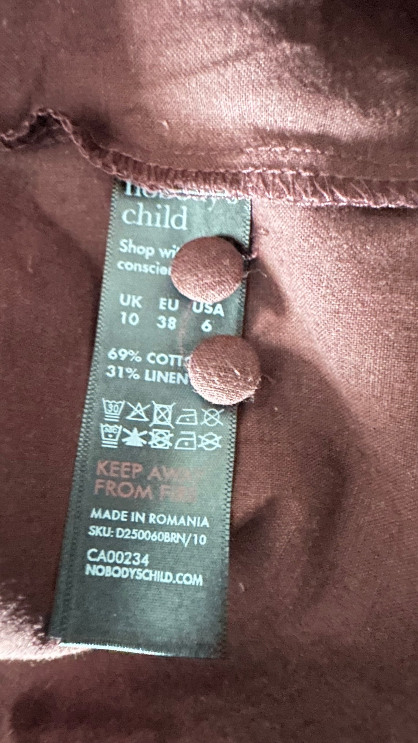 Nobody’s Child brown linen blend button up midi dress small UK 10 new bnwt