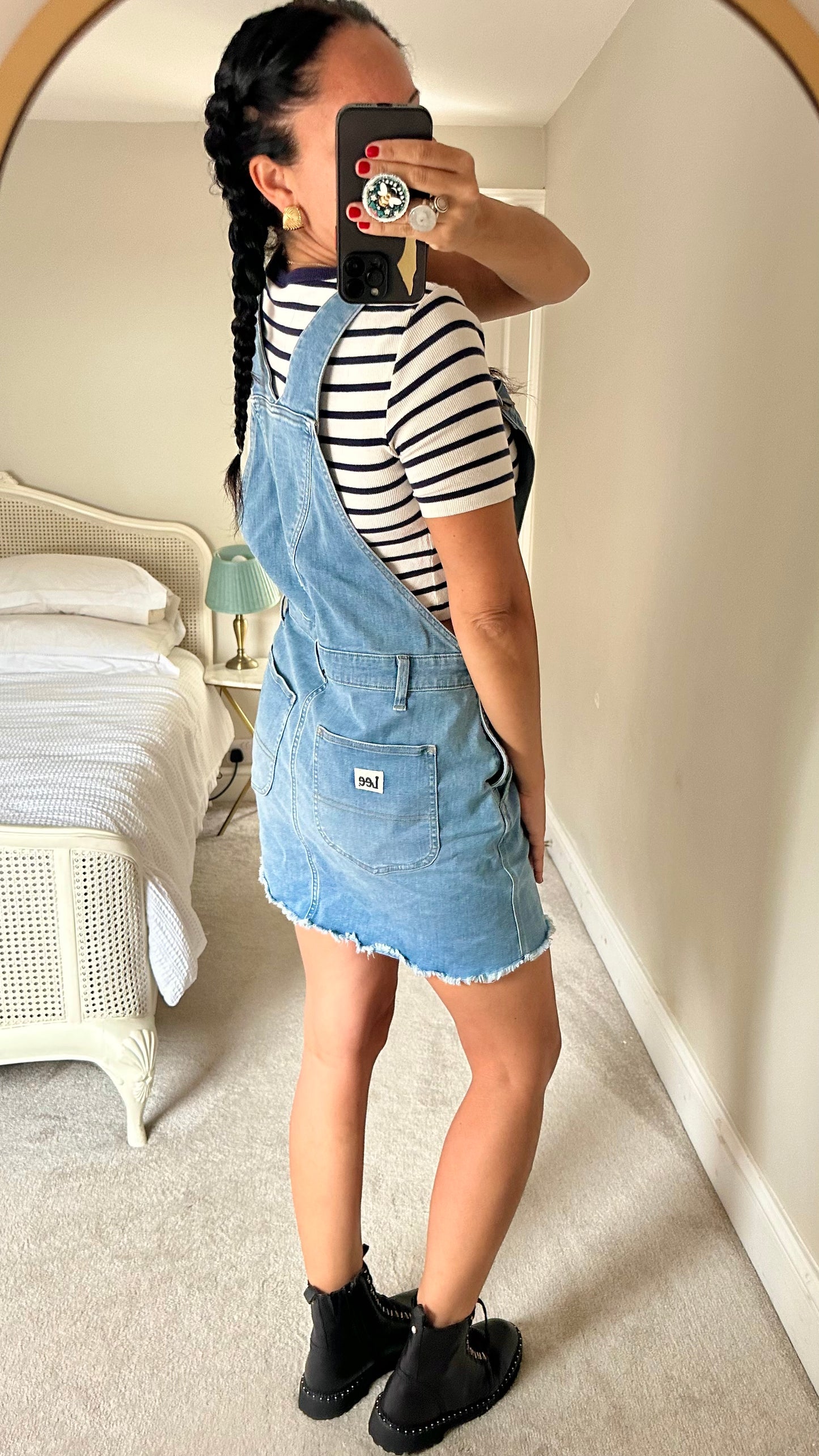 Lee light blue denim mini dungaree casual dress large UK 12 vgc w25