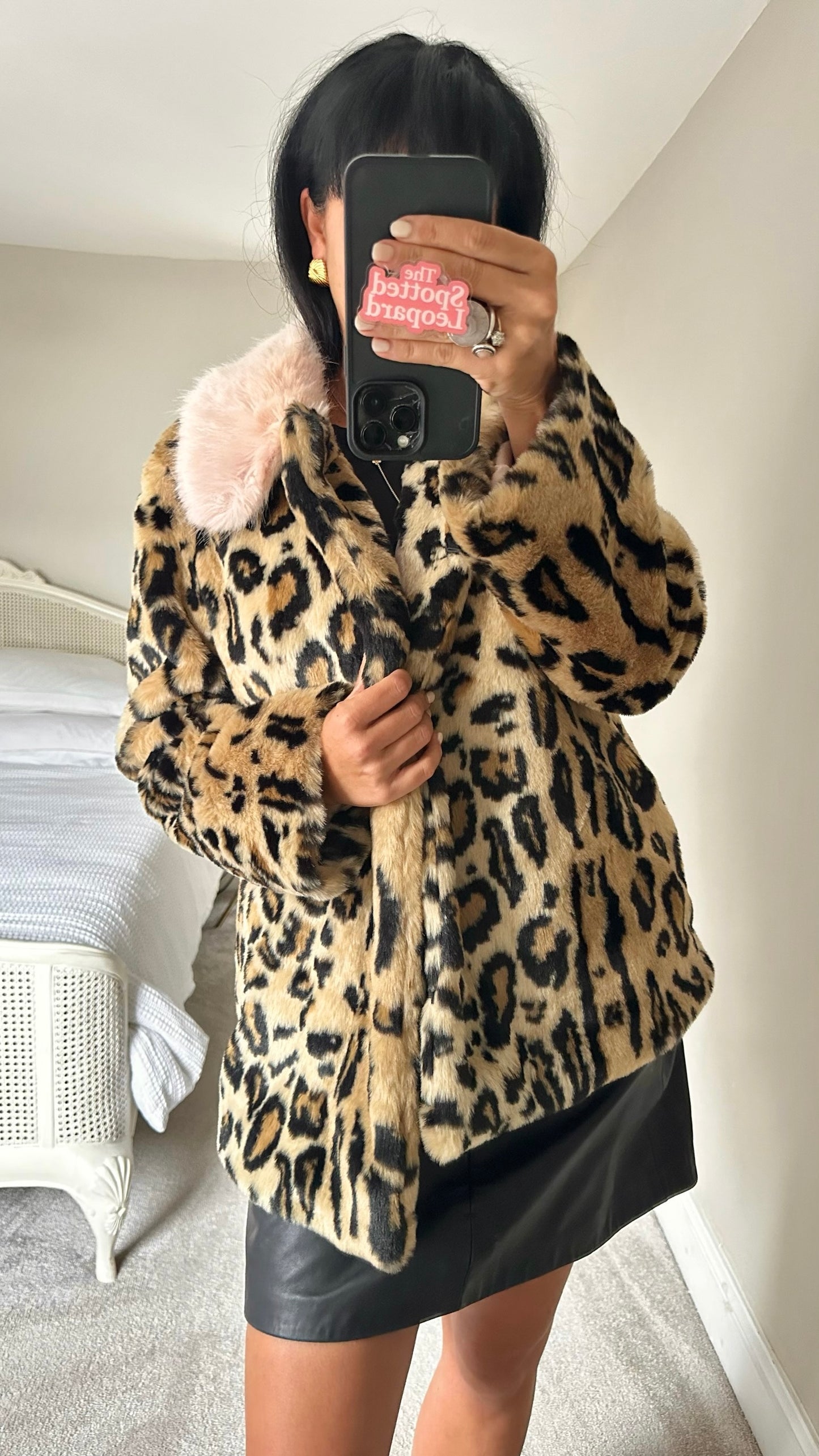 Topshop leopard print pink faux fur jacket coat large L UK 12 excellent used condition