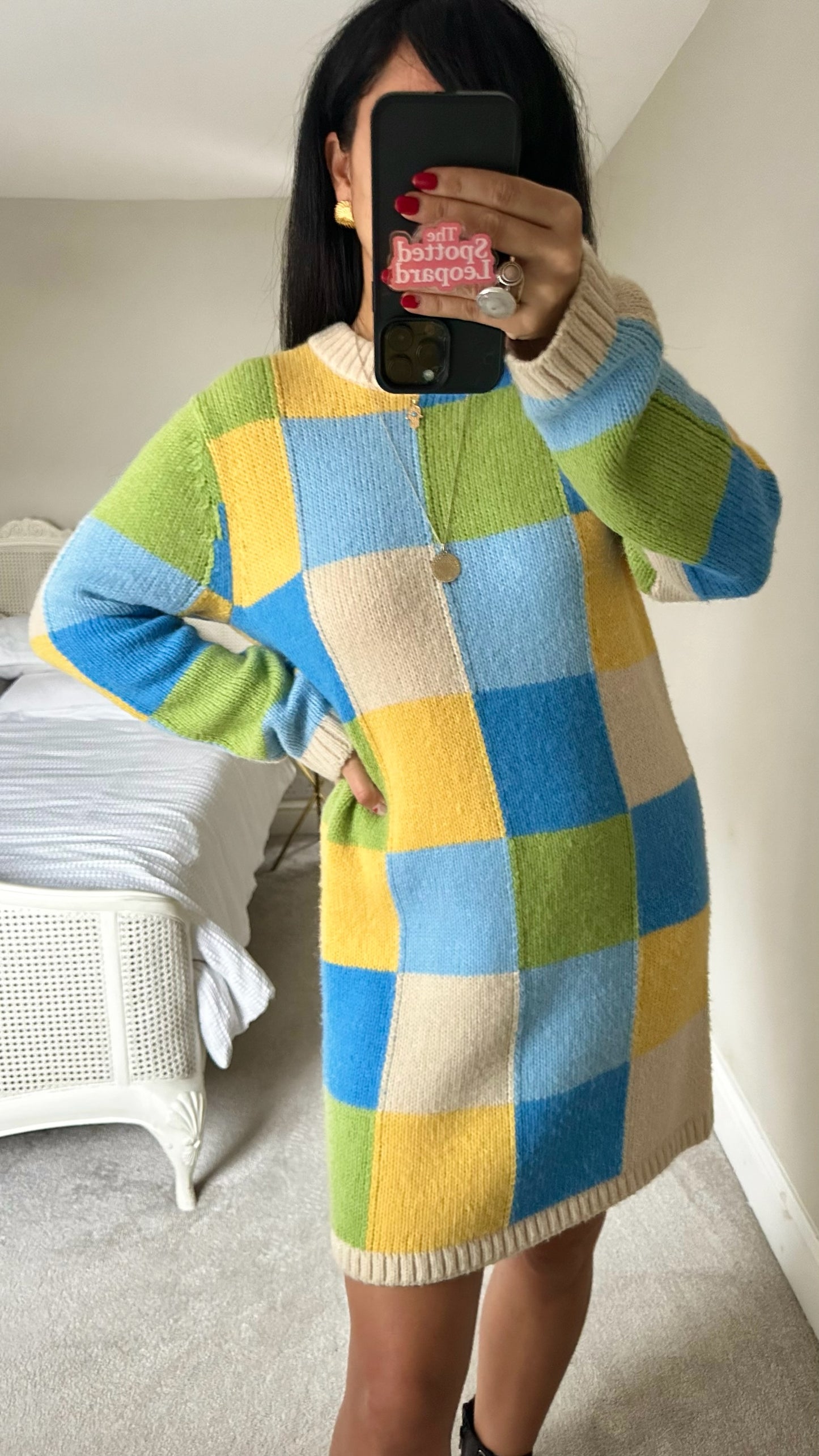 Kitri blue yellow green patchwork alpaca wool blend knitted mini dress large UK 12 vgc