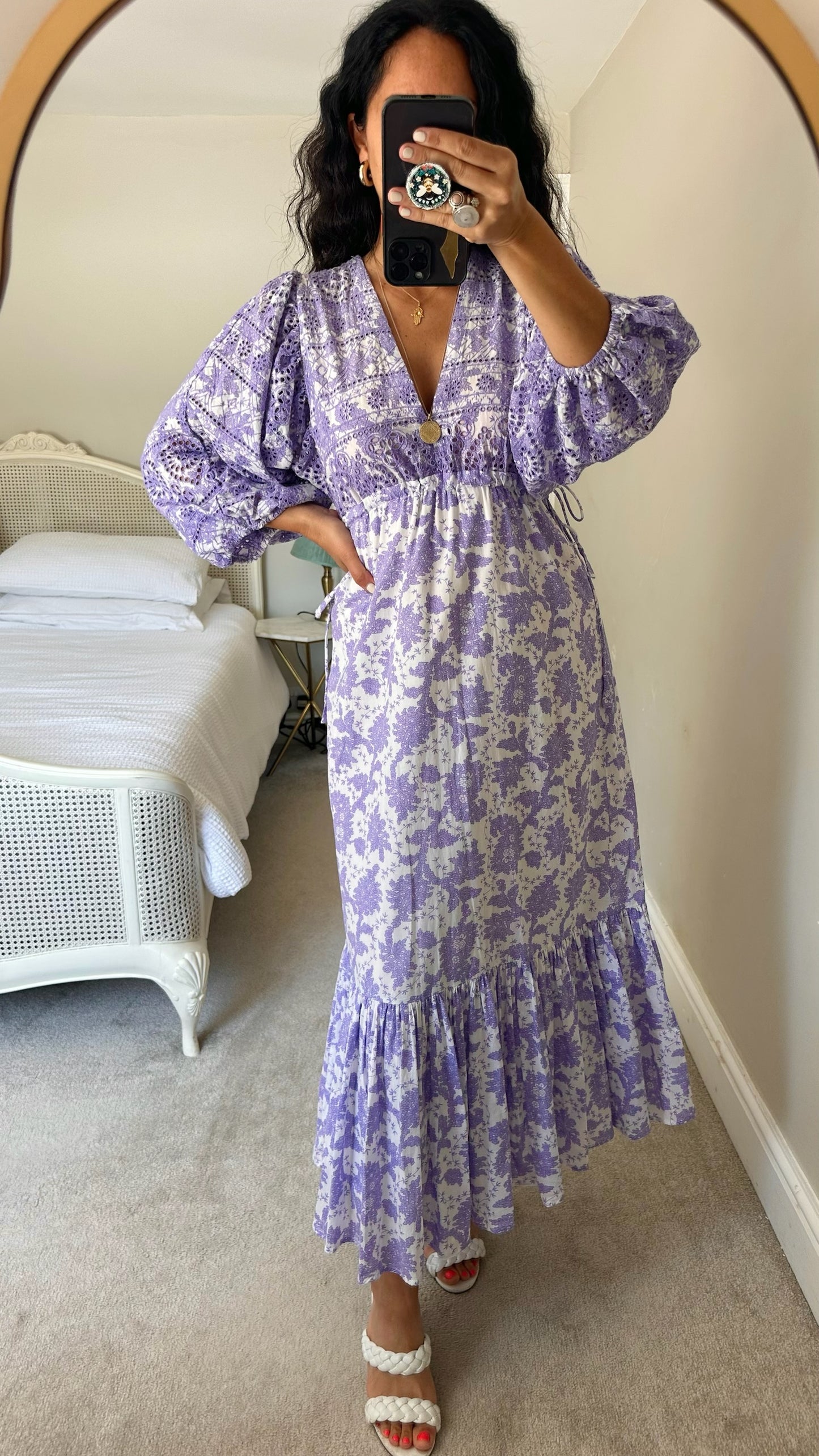 Stella forest @ Anthropologie lilac white boho printed maxi wedding guest dress medium UK 10 vgc
