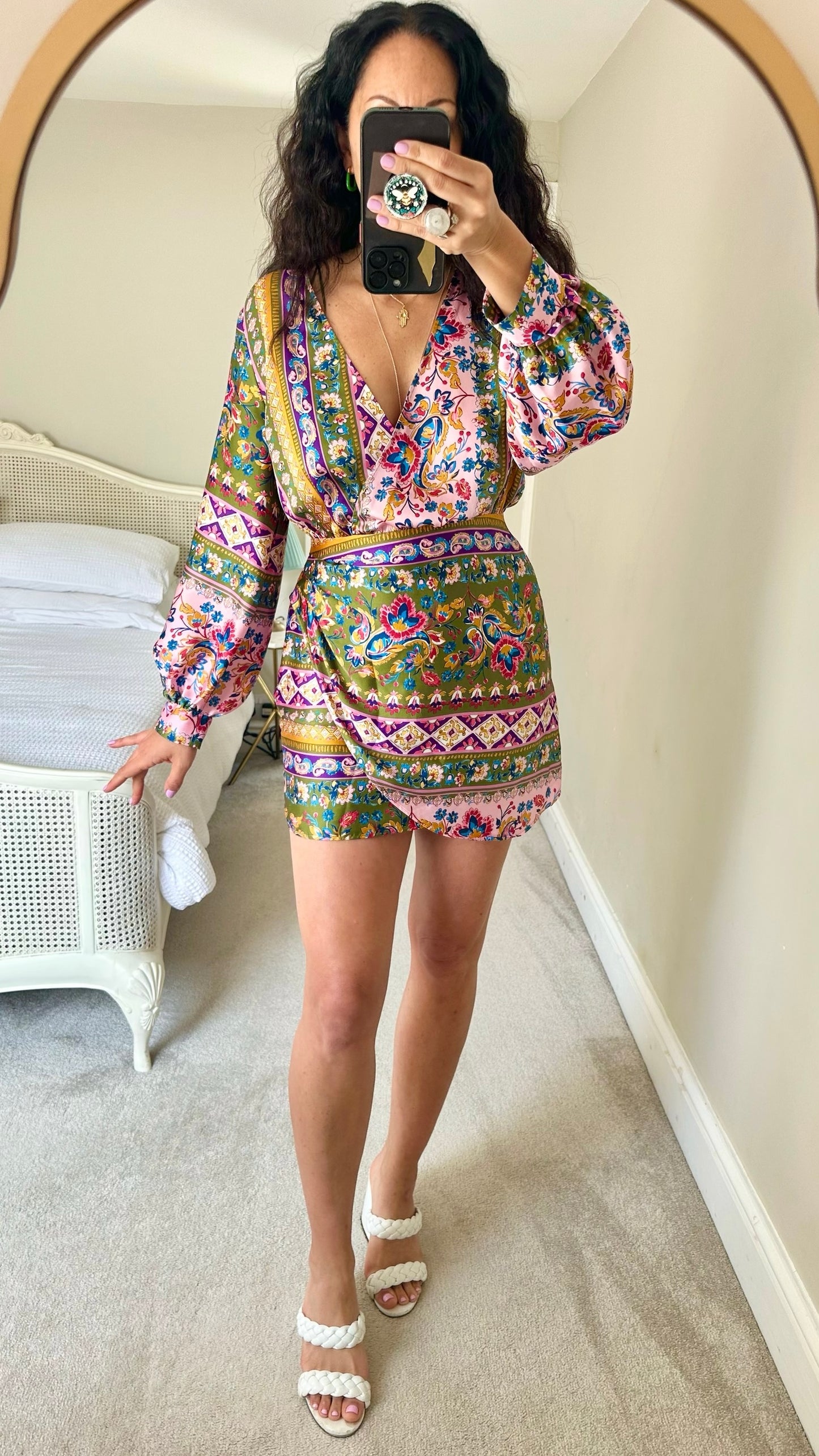 Zara pink green Italian print faux wrap mini small dress medium M UK 8 10 excellent used condition