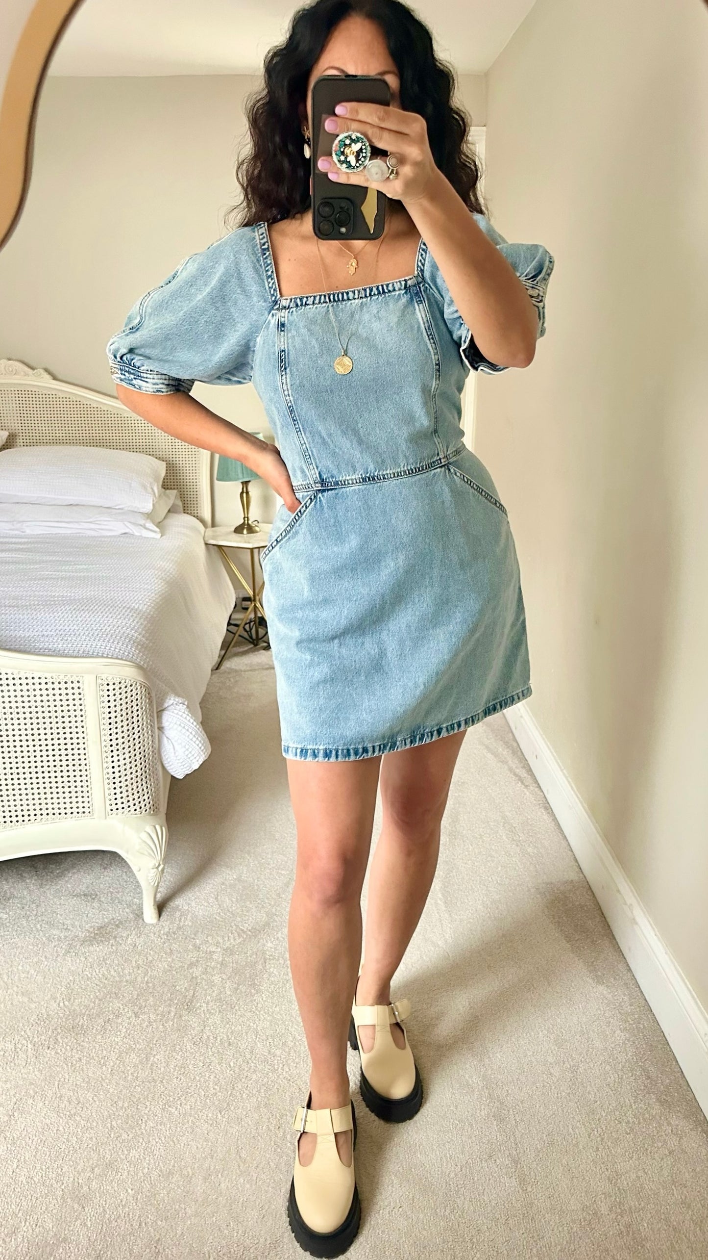 Mango light blue denim mini casual dress large L UK 12 vgc