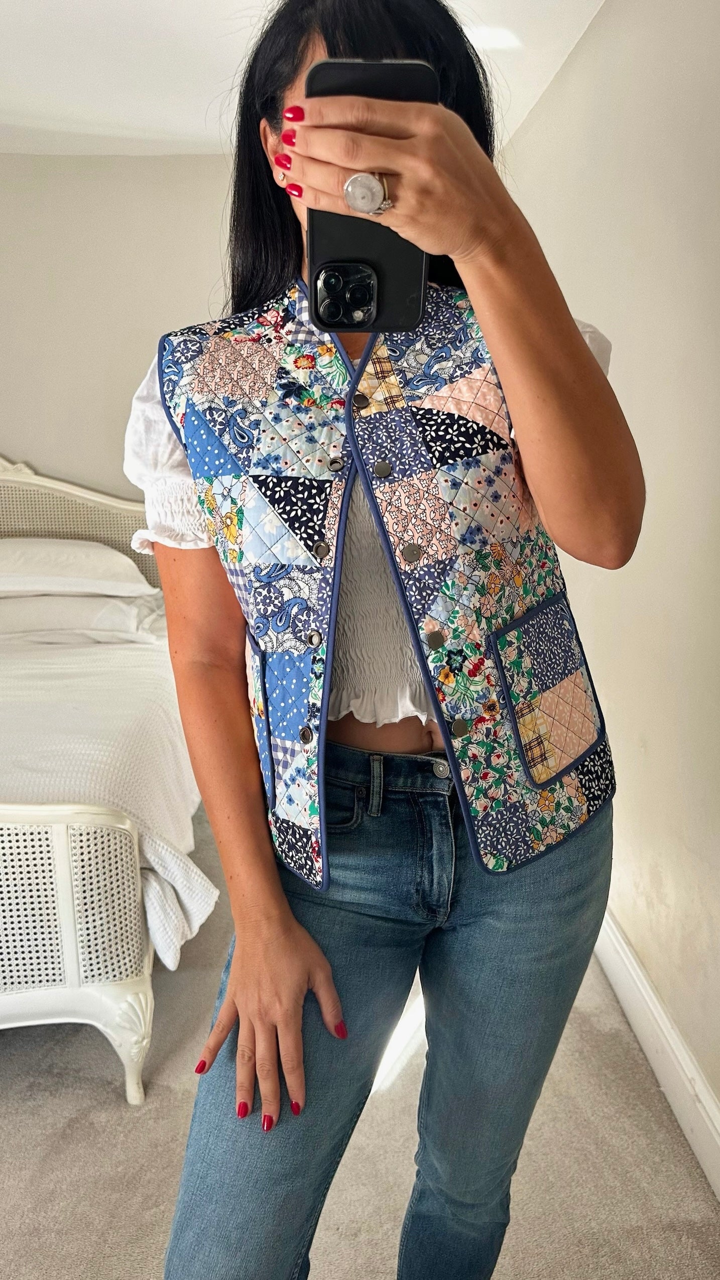Albaray blue cream white orange patchwork vintage look waistcoat small UK 8 vgc