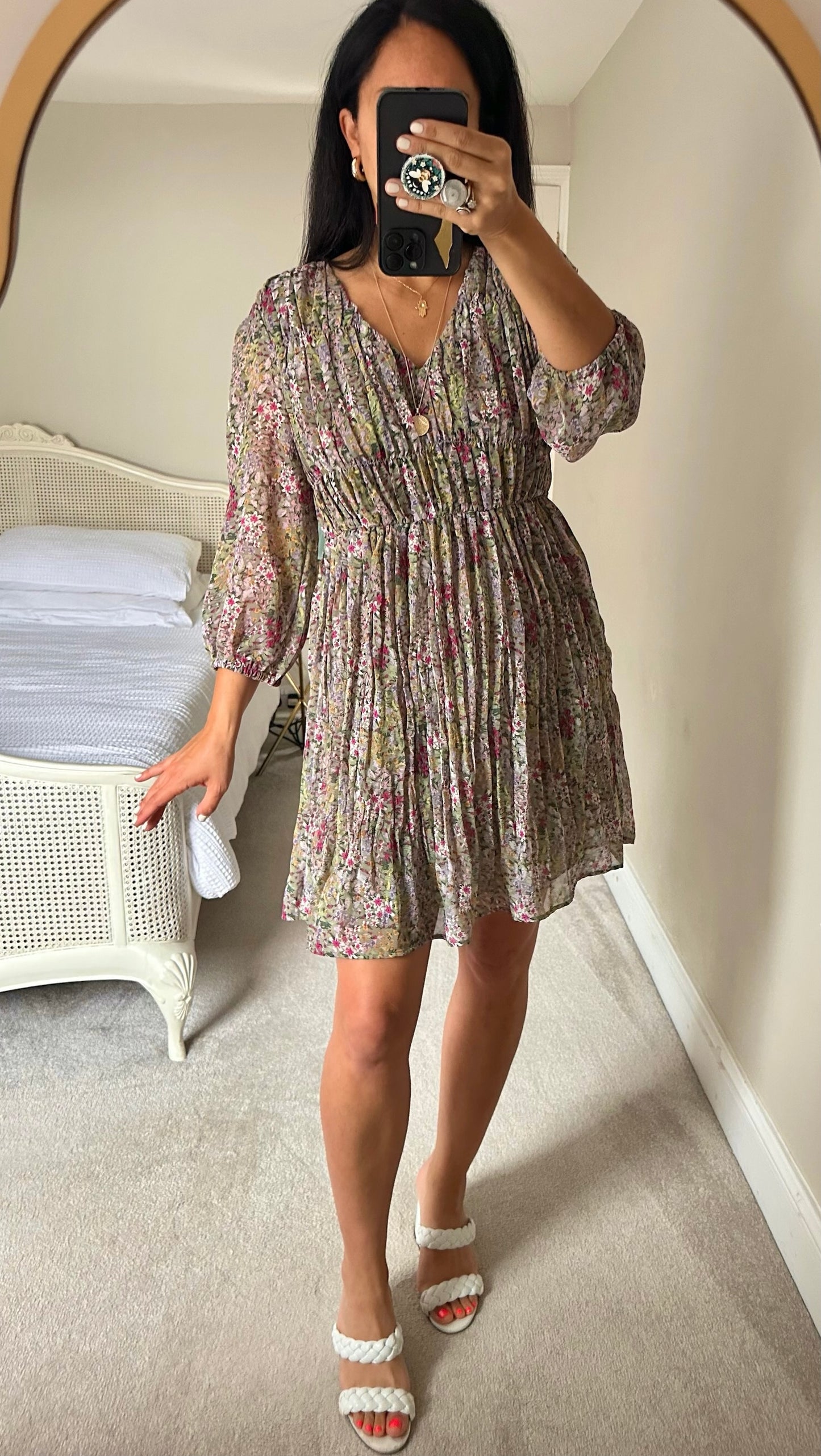 Mango khaki olive lilac green mini smock dress medium UK 10 vgc