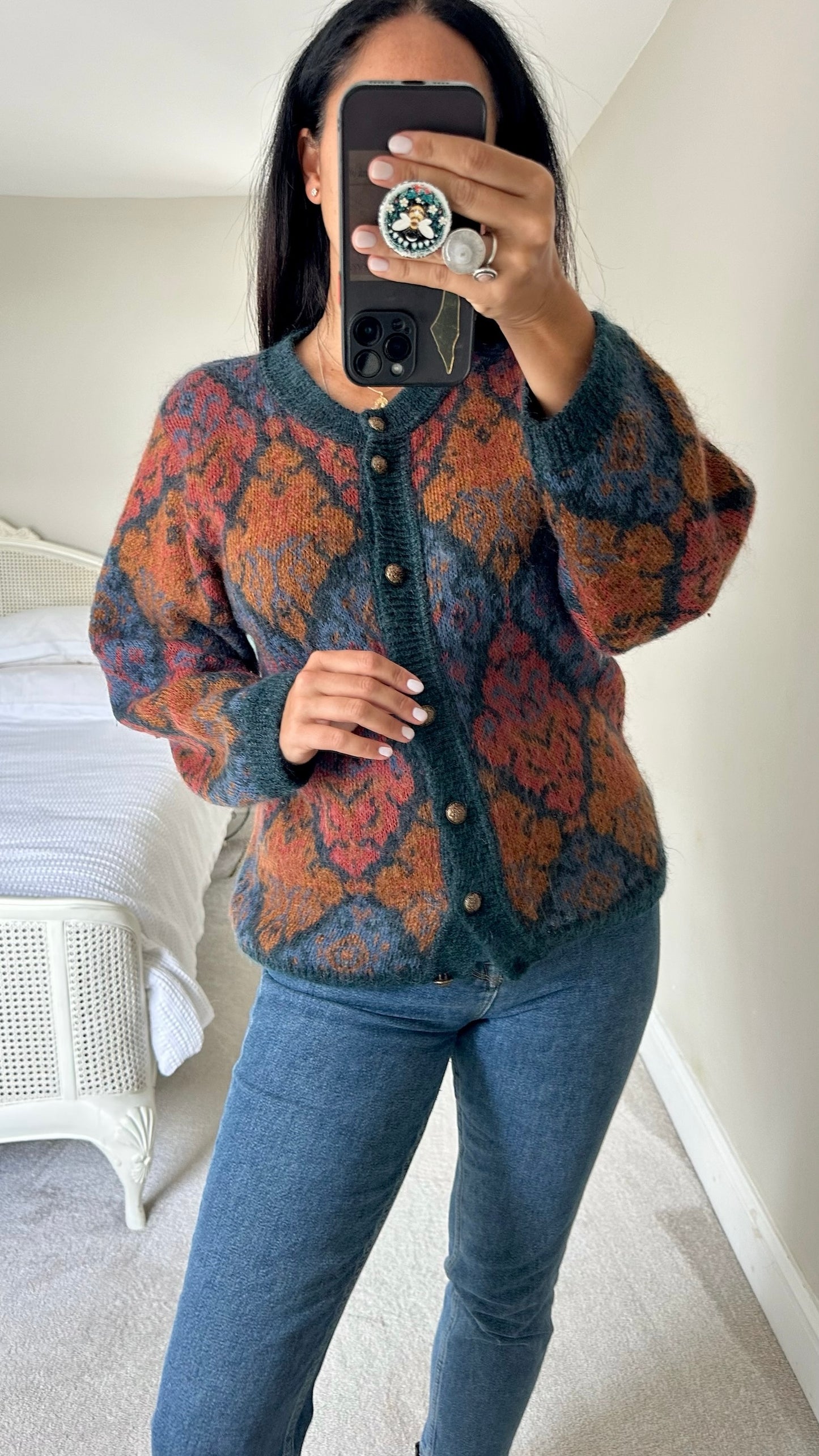Vintage orange burnt orange navy blue patterned mohair blend jumper cardigan medium UK 10 vgc w25