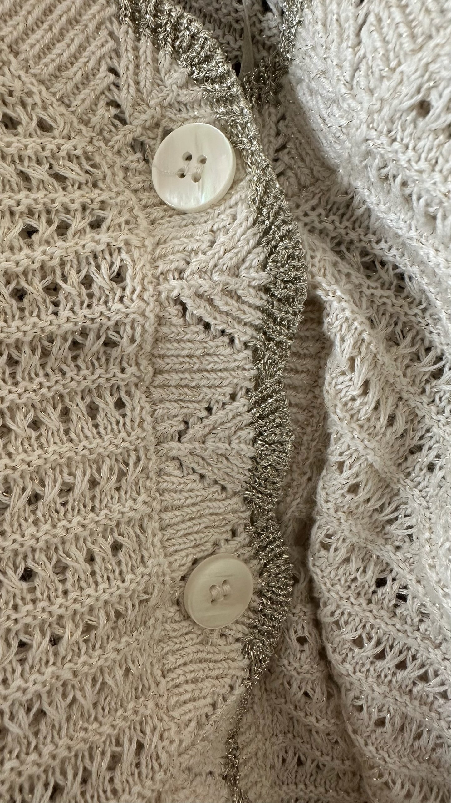Oliver bonas cream gold crochet organic cotton knitted cardigan jumper large UK 12-14 vgc w25