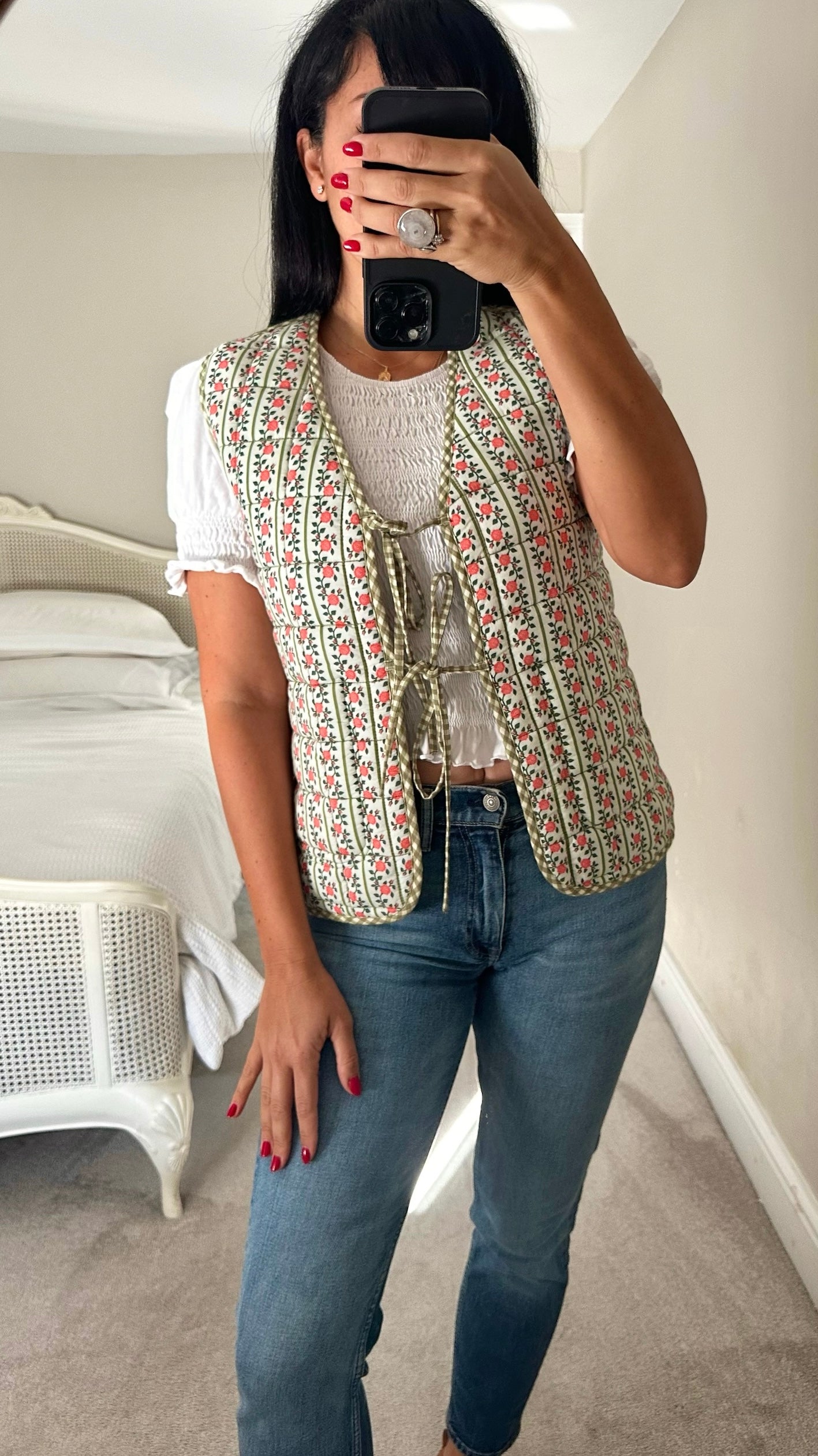 Damson madder green pink gingham quilted reversible waistcoat jacket medium UK 10 vgc