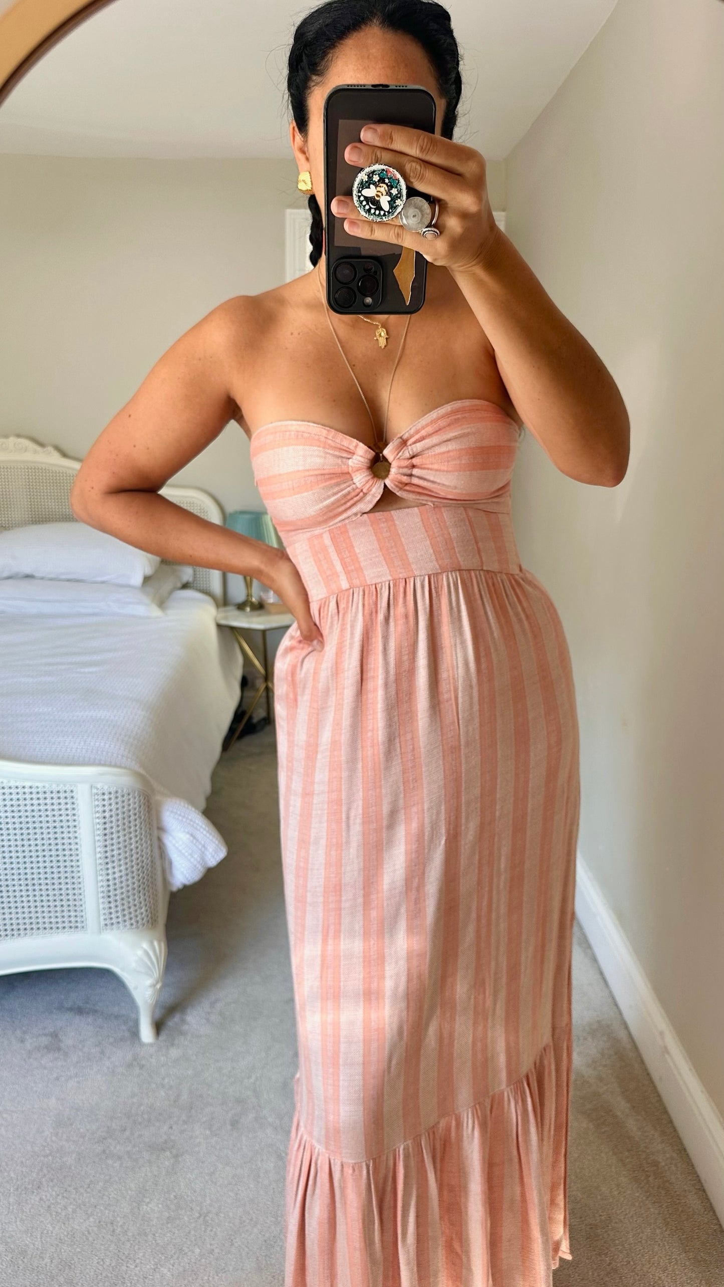 LA Space @Revolve coral pink stripe strapless linen blend maxi dress holiday vgc