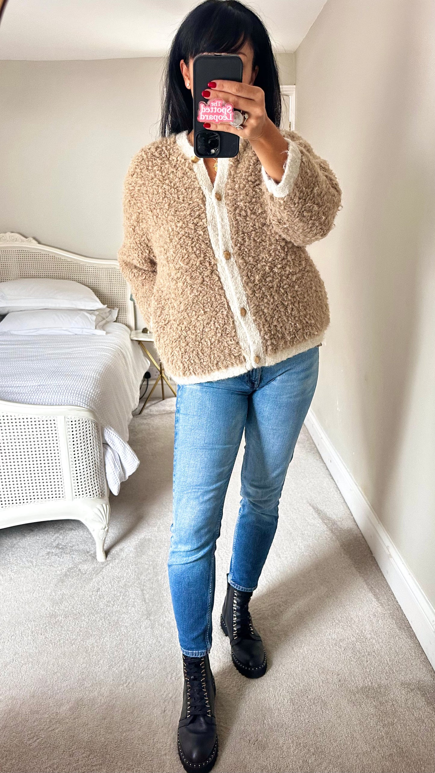 Karen Millen beige cream knitted cardigan jumper wool blend medium UK 10-12 vgc