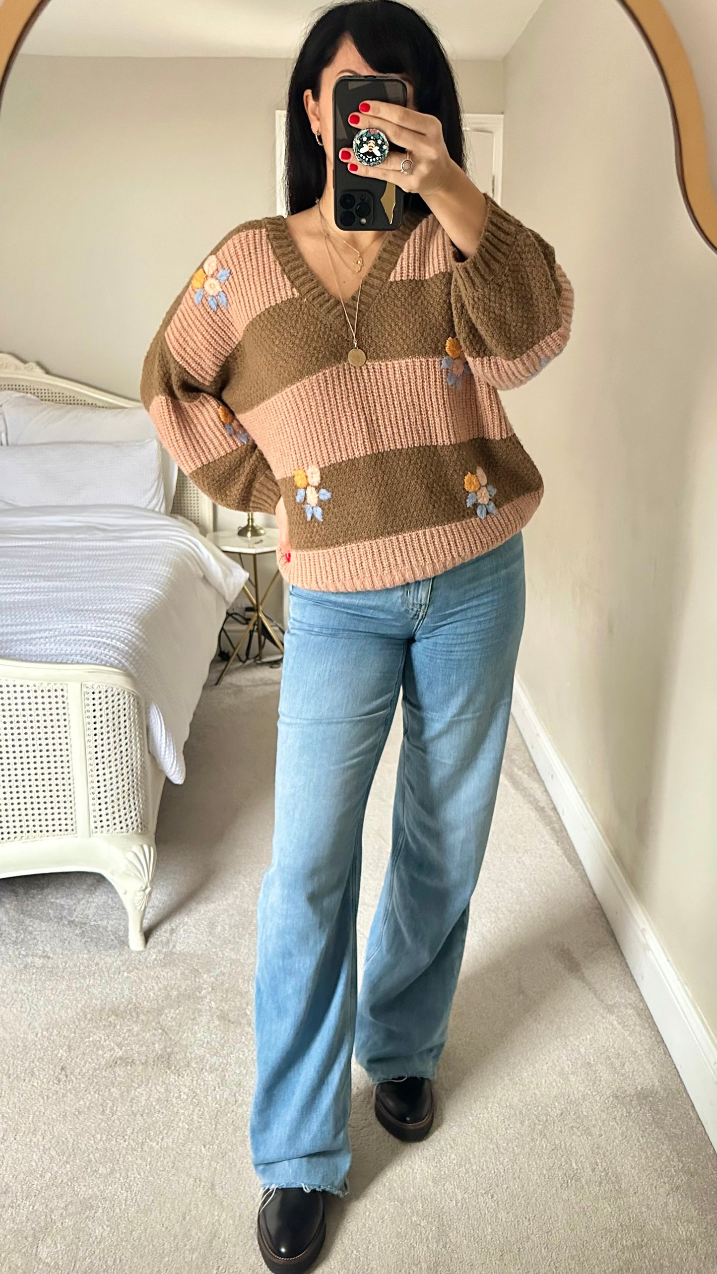 Numph @ Anthropologie brown stripe floral chunky knitted jumper extra large UK 14 vgc