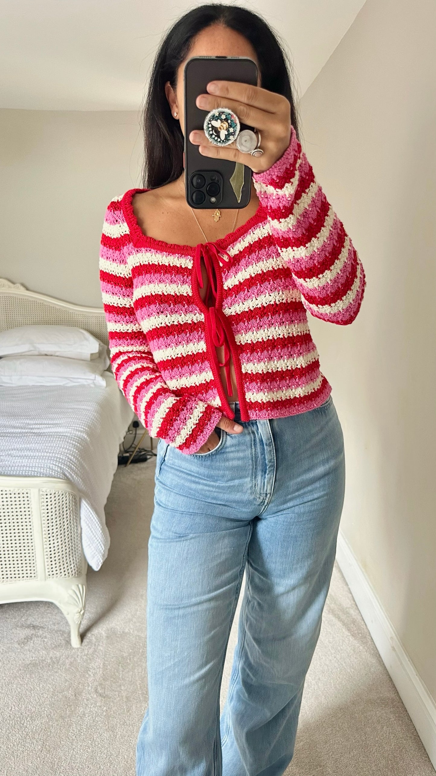 Kitri red pink cream crochet knit cardigan jumper as new condition W25