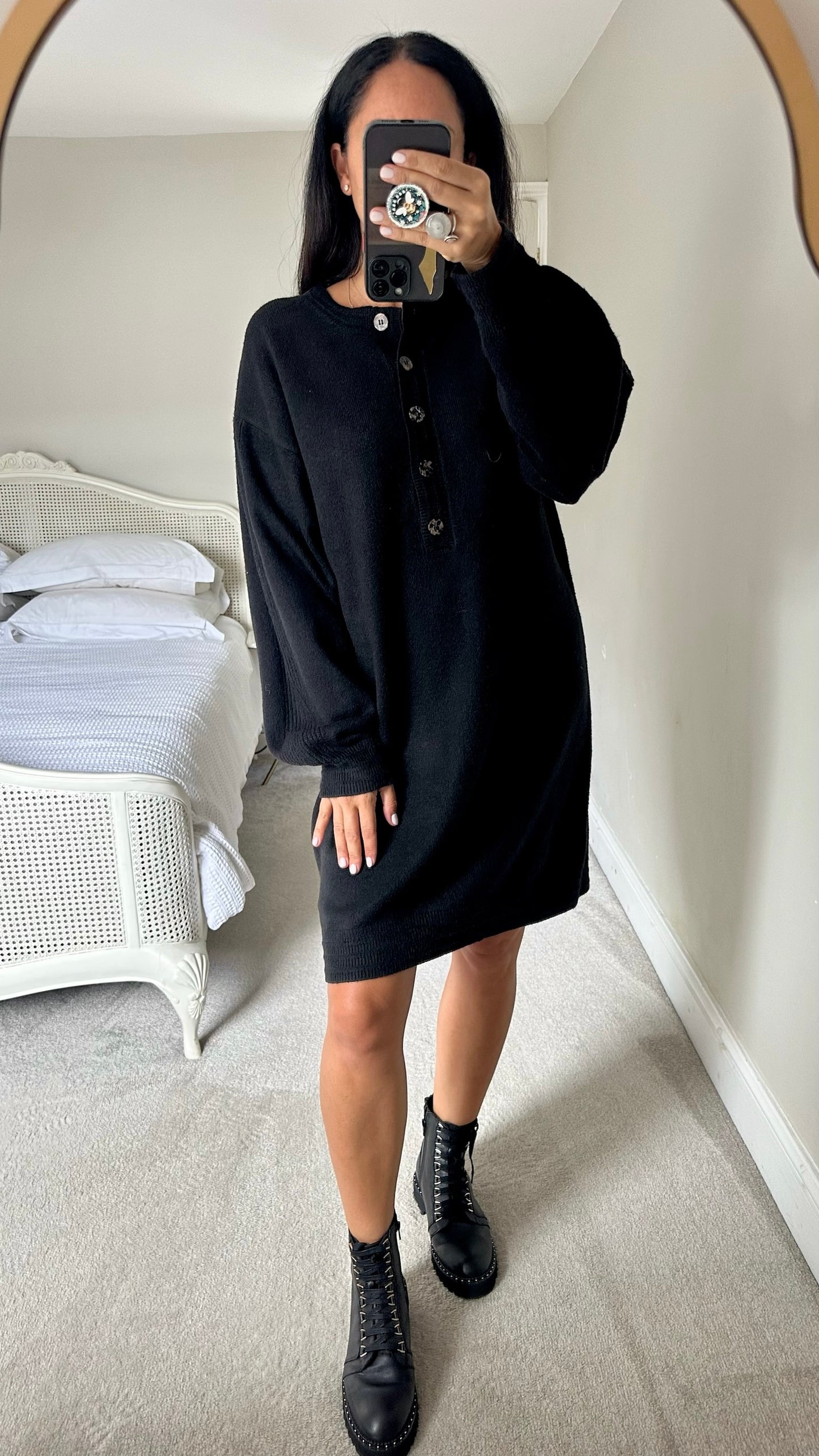 Oliver bonas black knitted leopard print button midi jumper dress large L UK 12 excellent used condition