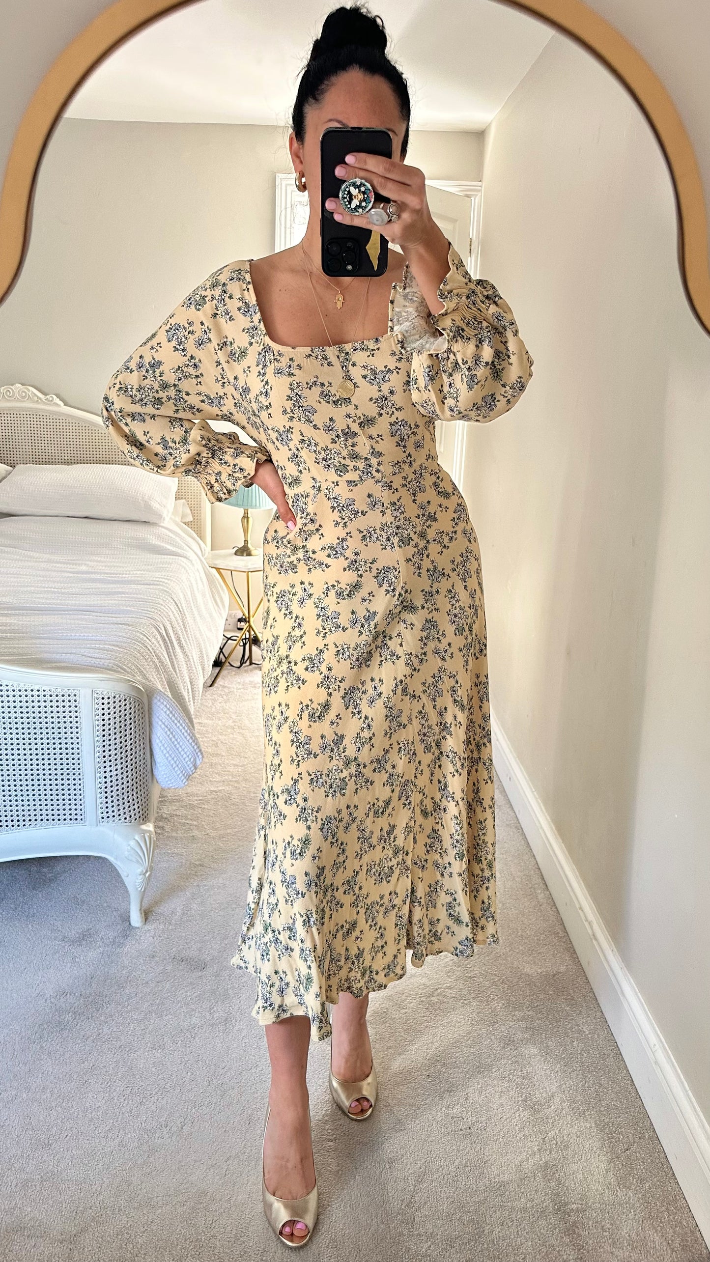 Ghost butter yellow blue grey floral event wedding guest dress extra large UK 14 vgc