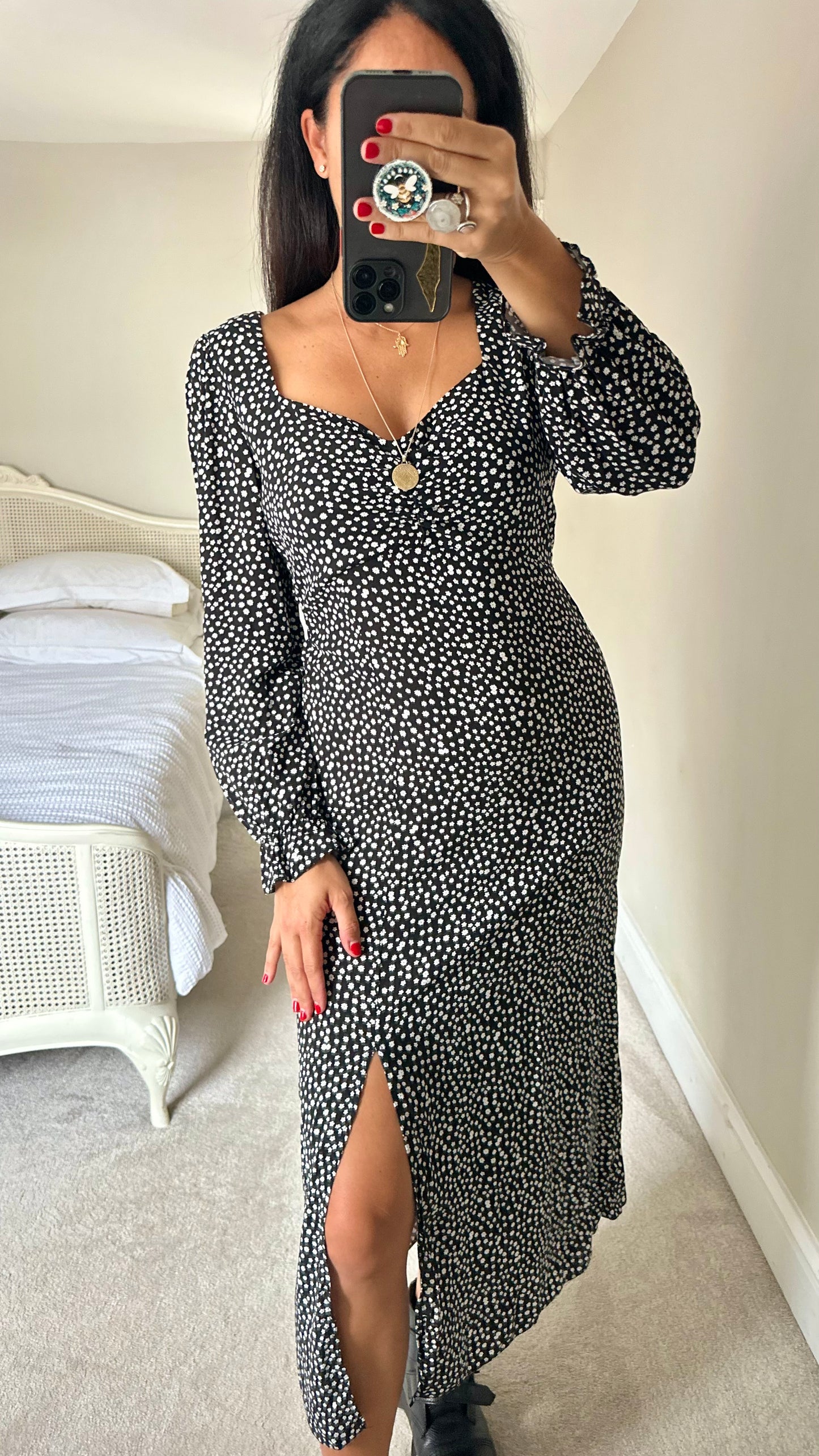 Nobody’s Child black white floral side split midi long dress large UK 12 new bnwt w24