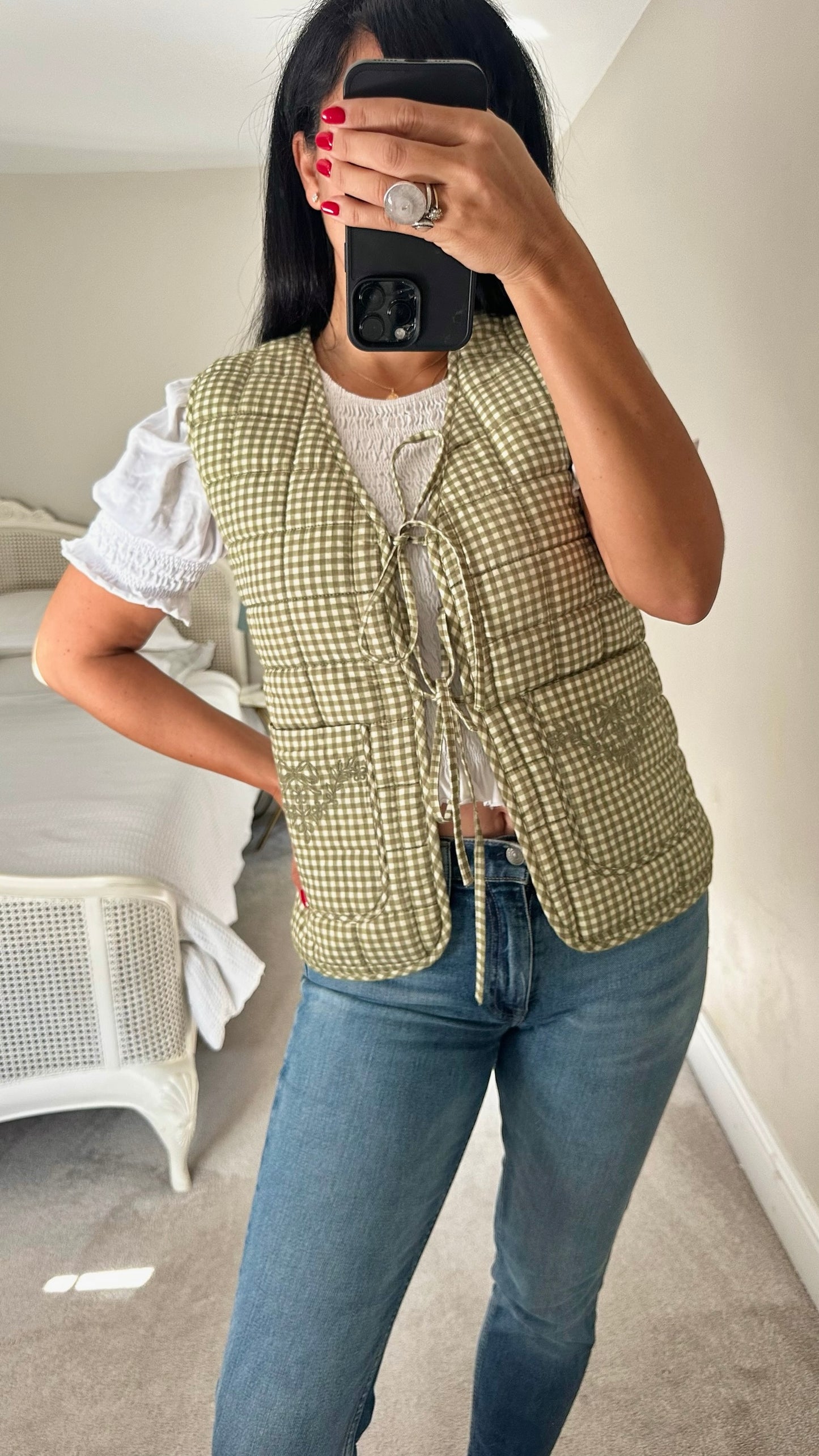 Damson madder green pink gingham quilted reversible waistcoat jacket medium UK 10 vgc