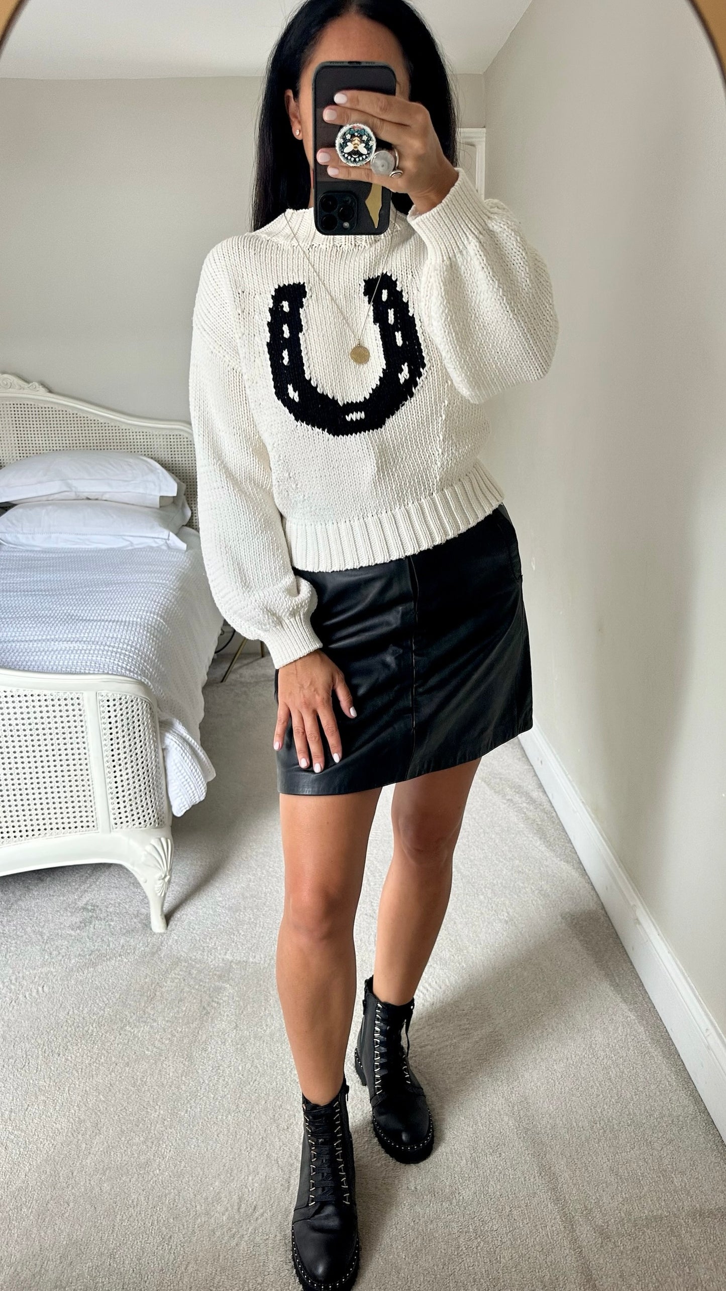 Anthropologie white black lucky horseshoe knitted jumper small medium SM UK 8-10 excellent used condition