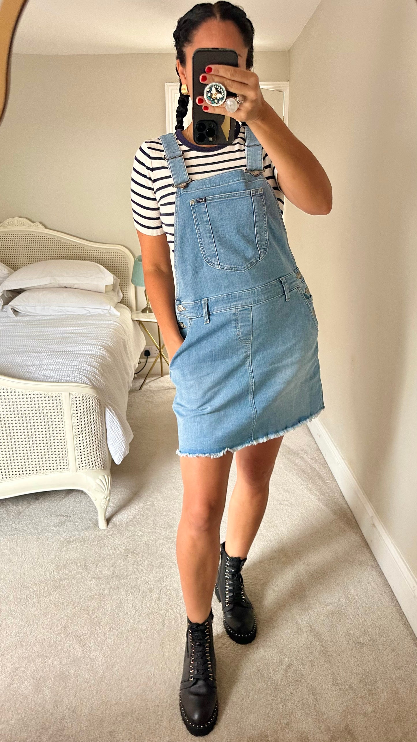 Lee light blue denim mini dungaree casual dress large UK 12 vgc w25