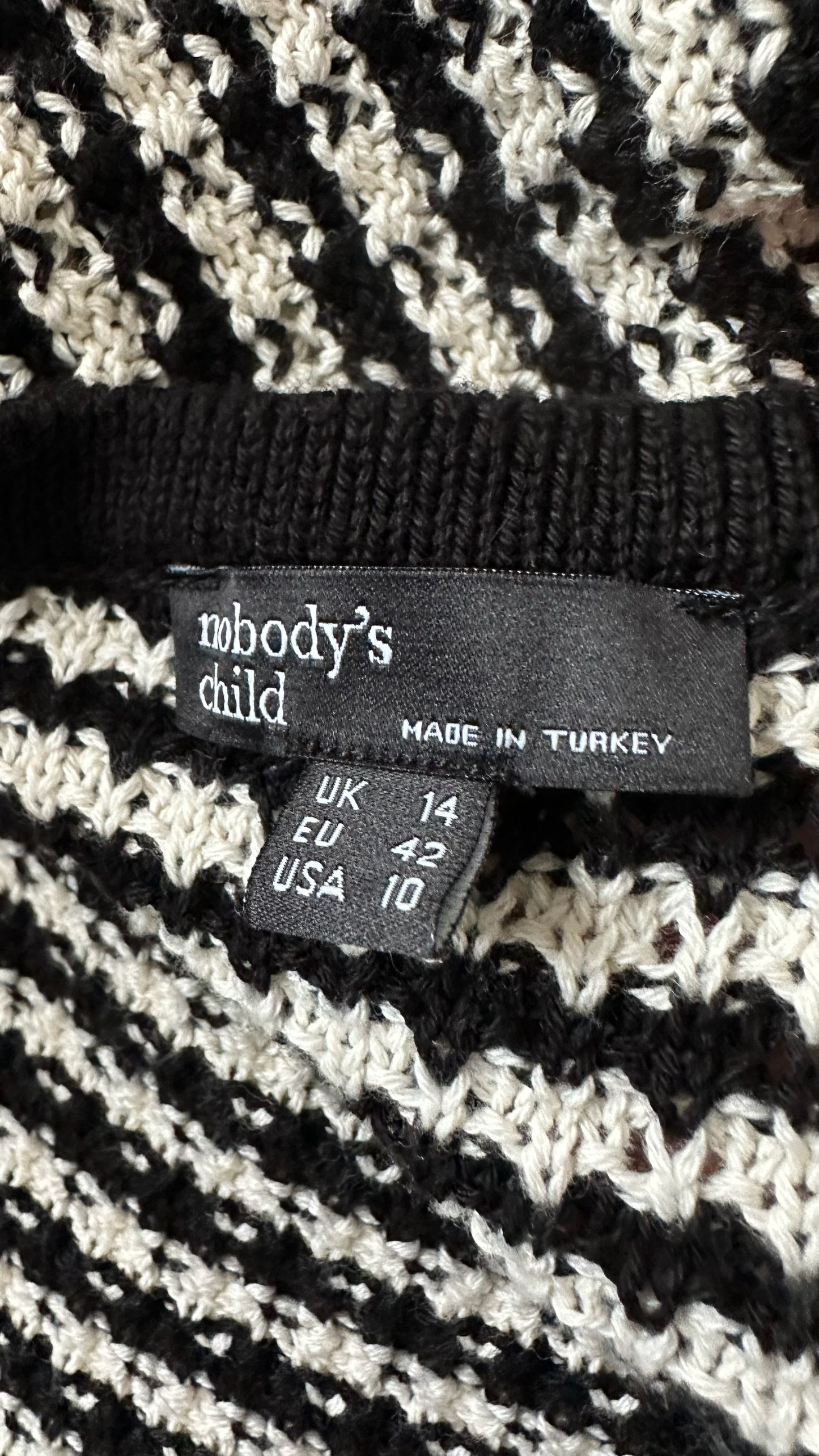 Nobody's child black white crochet knitted cardigan medium extra large UK 10 14 vgc w25