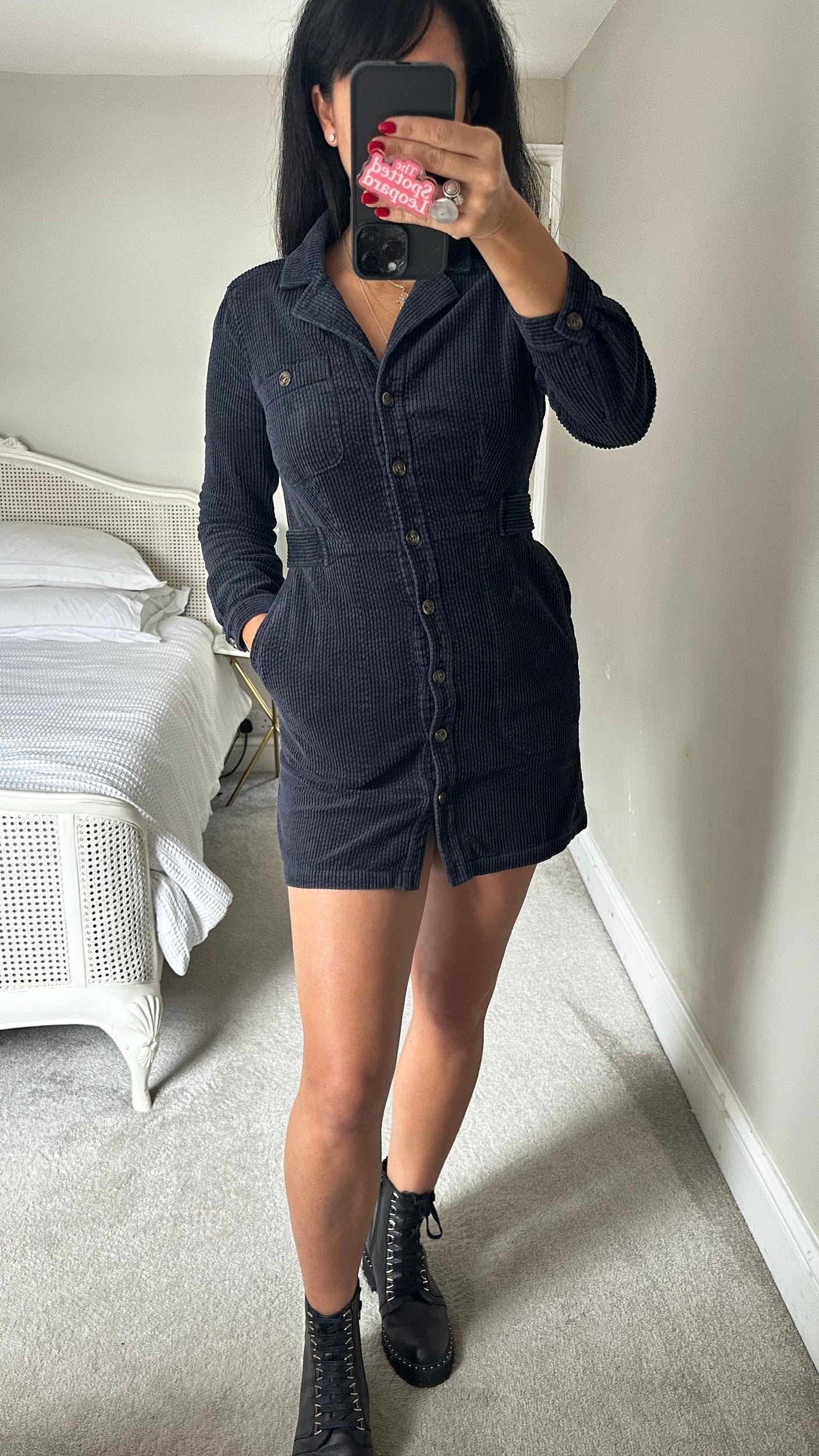 & other stories black blue corduroy petite button up mini dress UK 10 vgc
