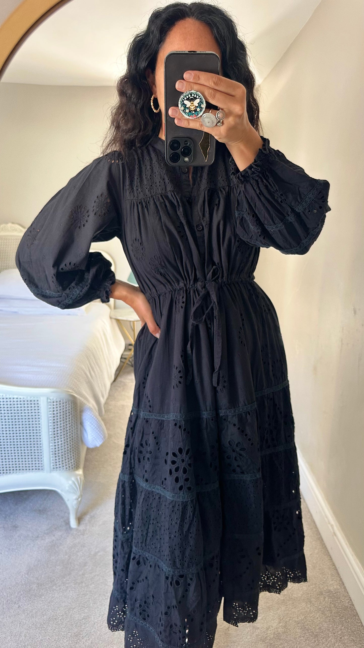 Warehouse black broderie anglaise button up long midi dress medium UK 10 vgc